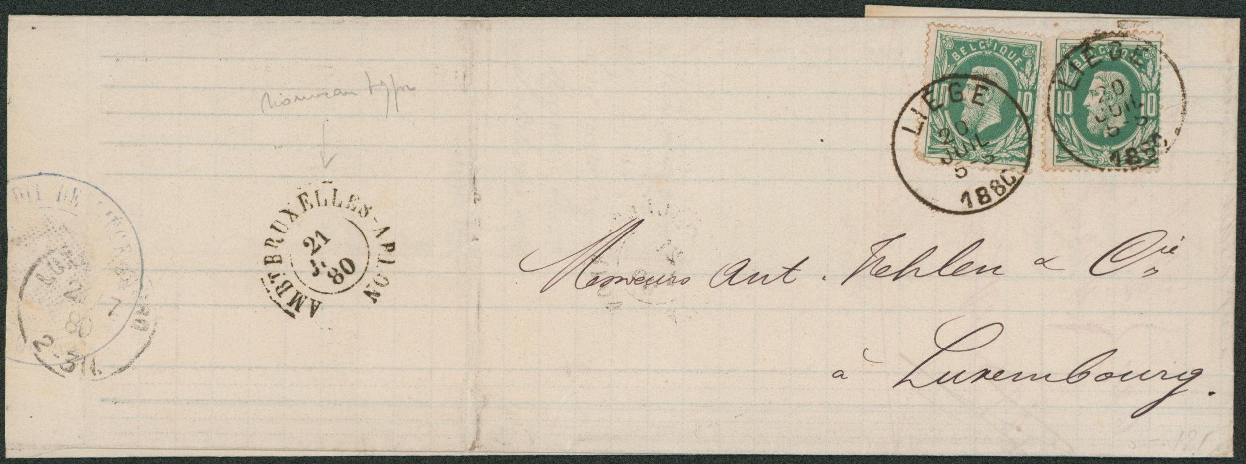 n°30 x2 sur LAC obl simple cercle "Liège" (Tarif préférentiel, double port) > Luxembourg + Passage "Ambt Bruxelles- Arlon""