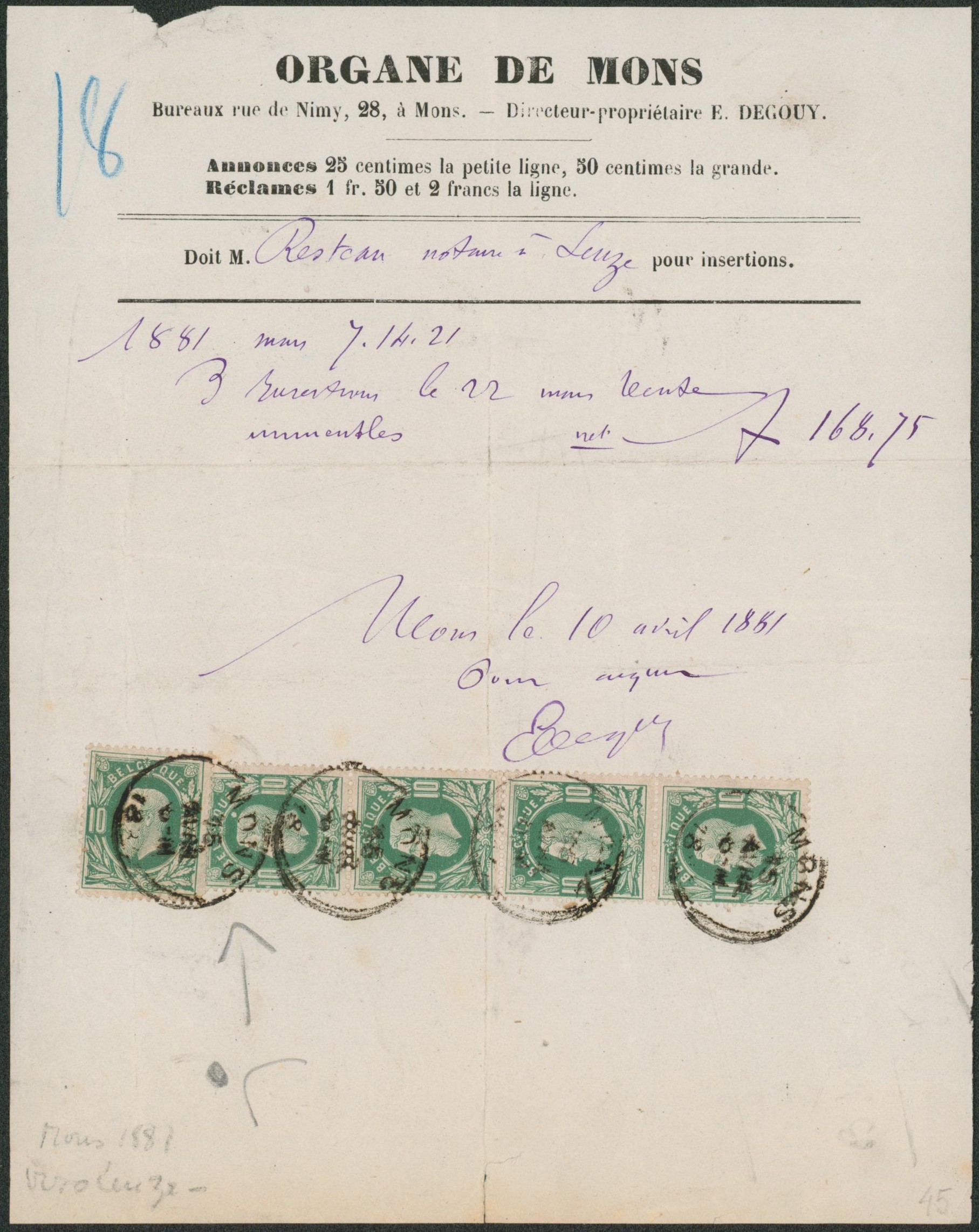 n°30 x5 sur annonces (soit 50ctm la grande) Organe de Mons + obl S.C. "Mons"."