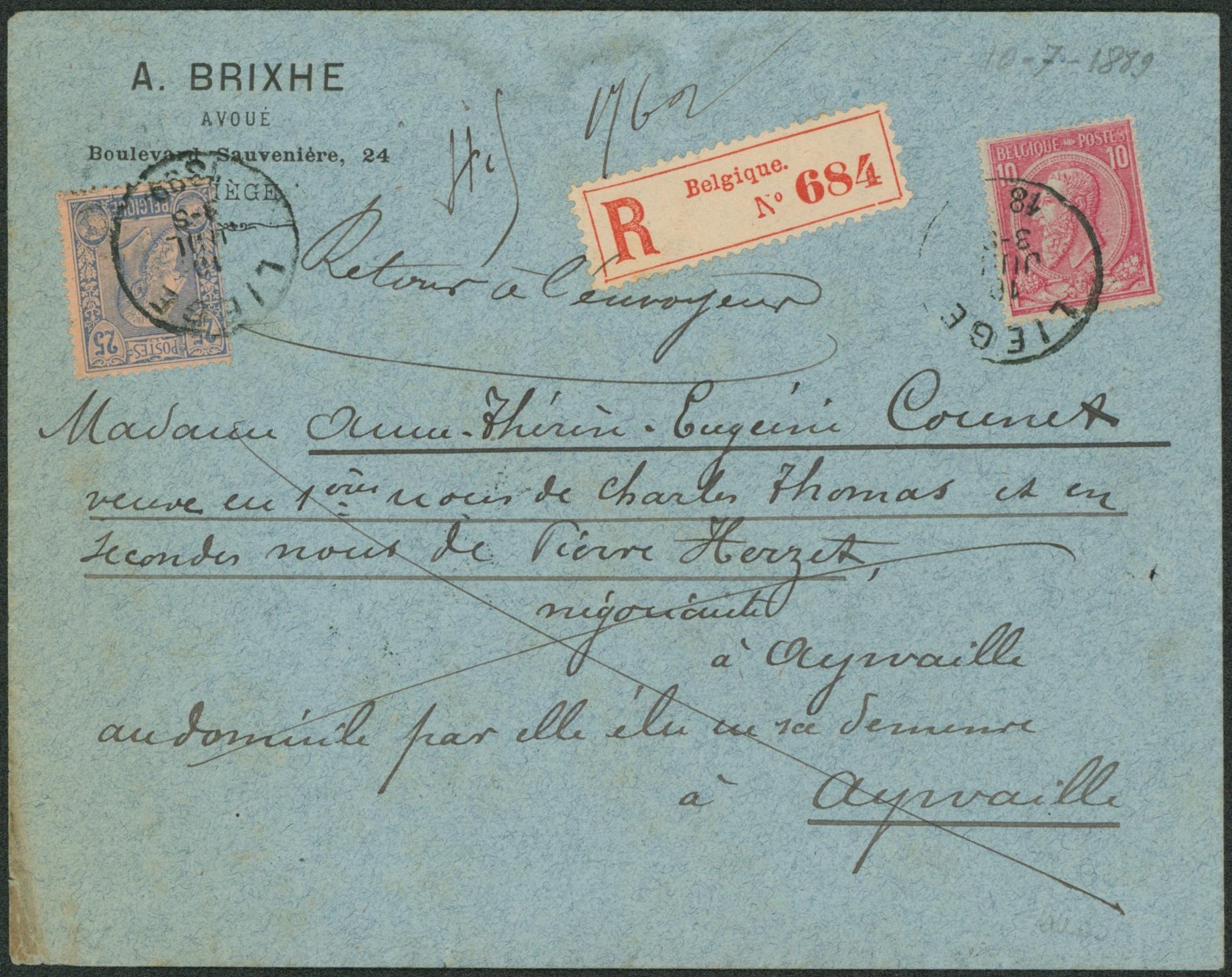 n°46 et 48 sur lettre en recommandé de Liègr > Aywaille / Retour à l'envoyeur.  Destinataire parti pour l'amérique du nord