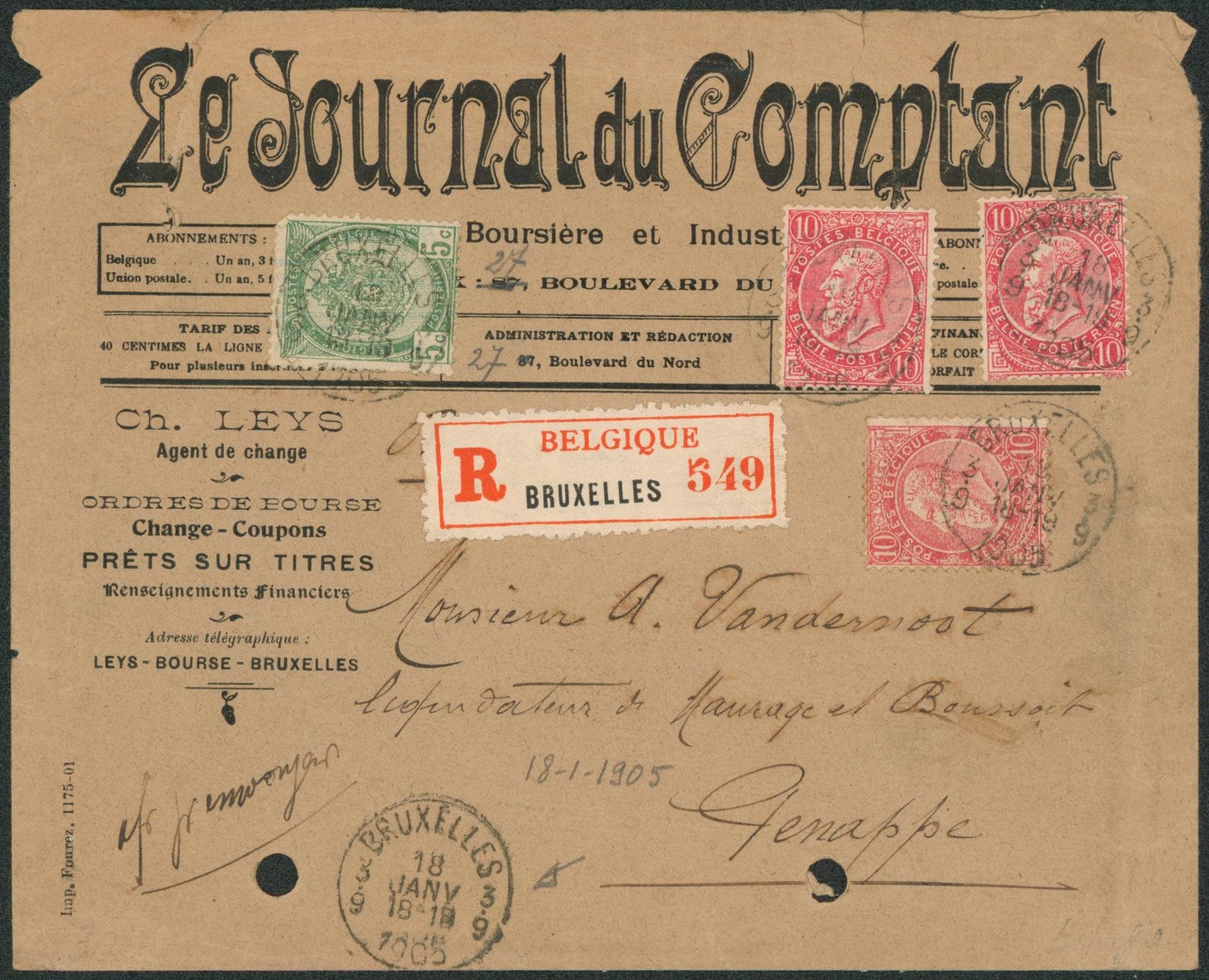 n°56 et 58 x3 sur lettre en recommandé (Le journal du comptant) de Bruxelles + obl à fraction "Bruxelles 3.9" > Genappe /Trou d'archive. "