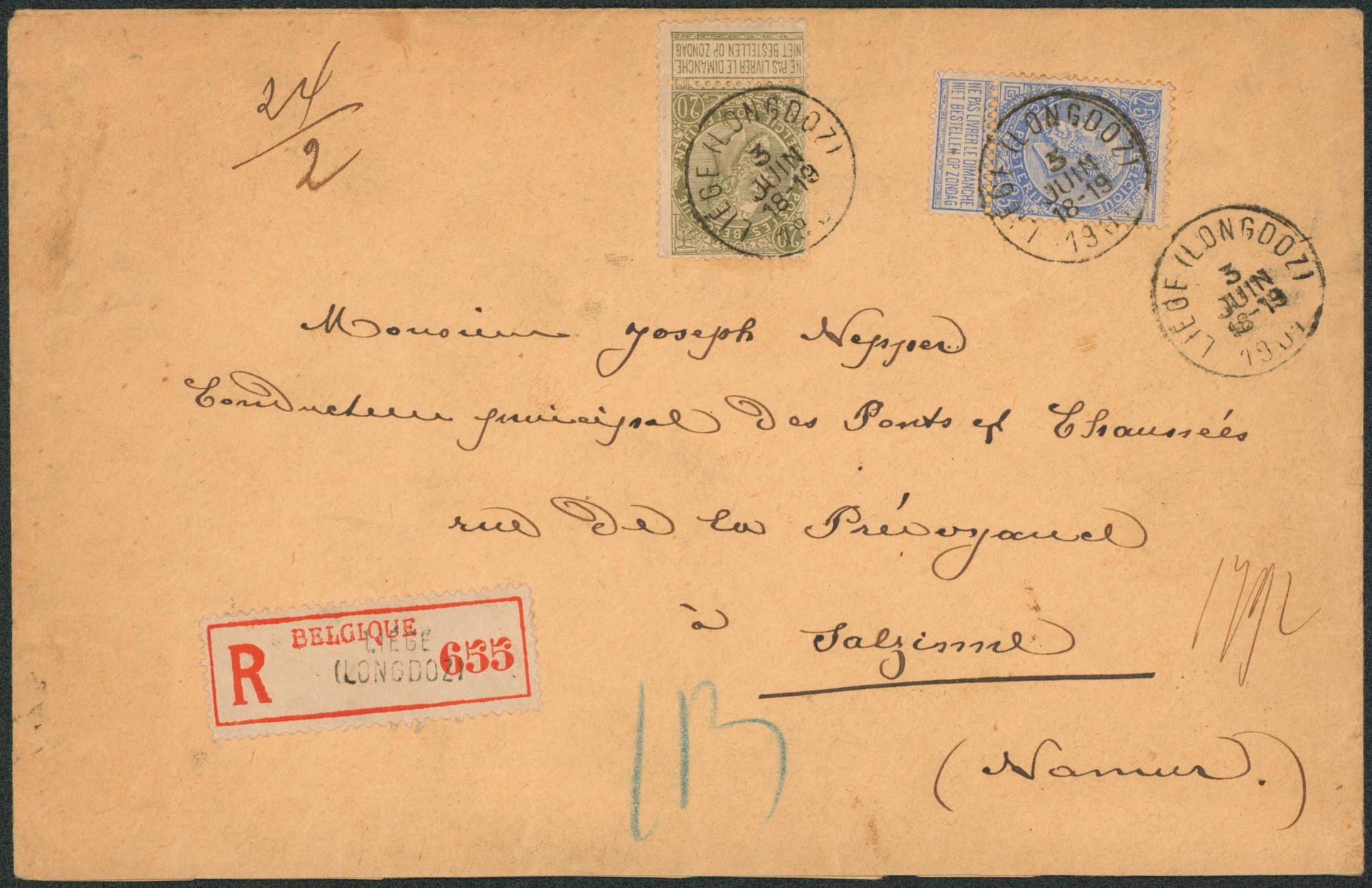 n°59 et 60 sur lettre en recommandé (24g, double port) de Liège (longdoz) > Salzinnes. 