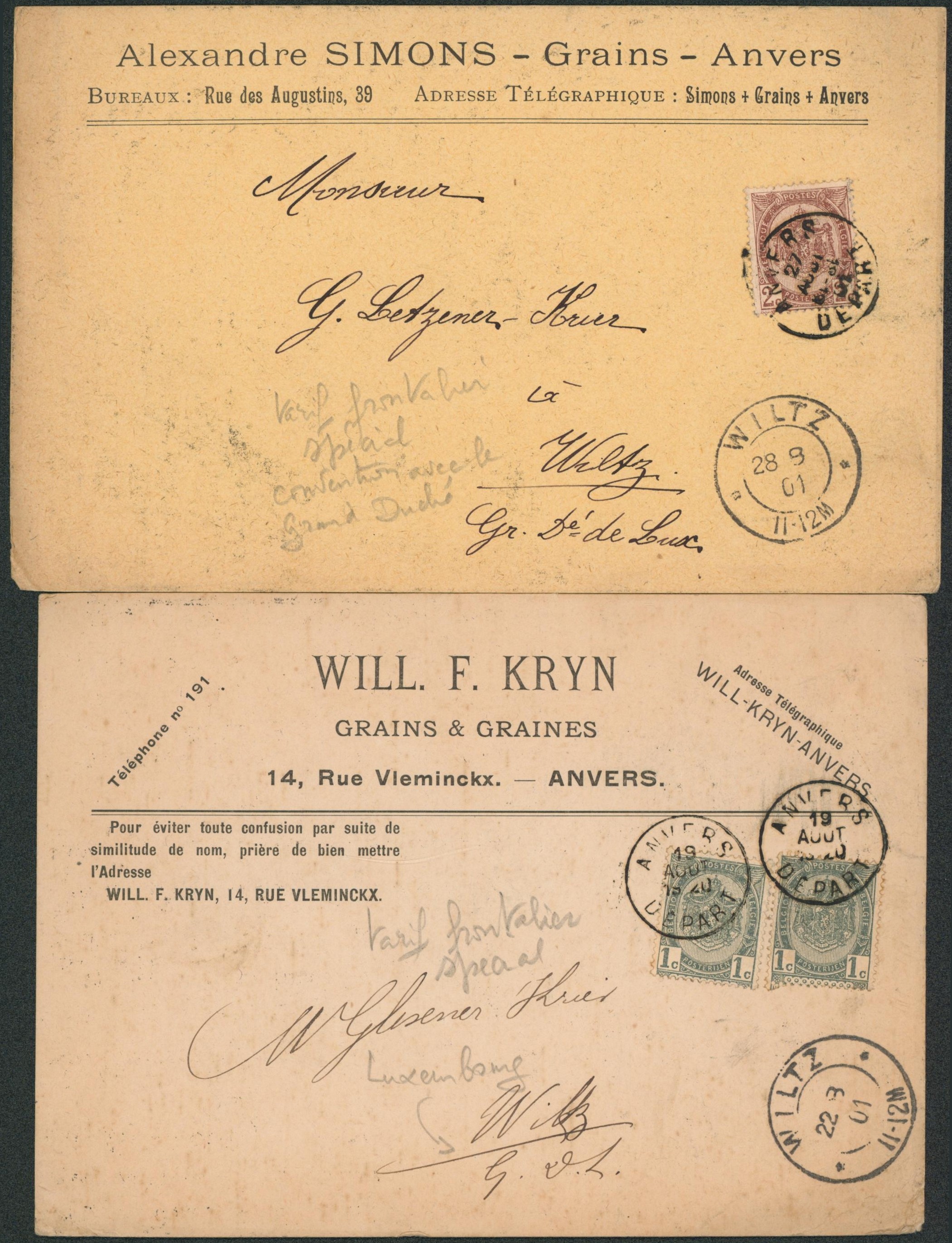 Ensemble de 2 imprimés affranchi par n°53 x2 et 55 de Anvers > Wiltz (Luxembourg) / Tarif frontalier spécial. 