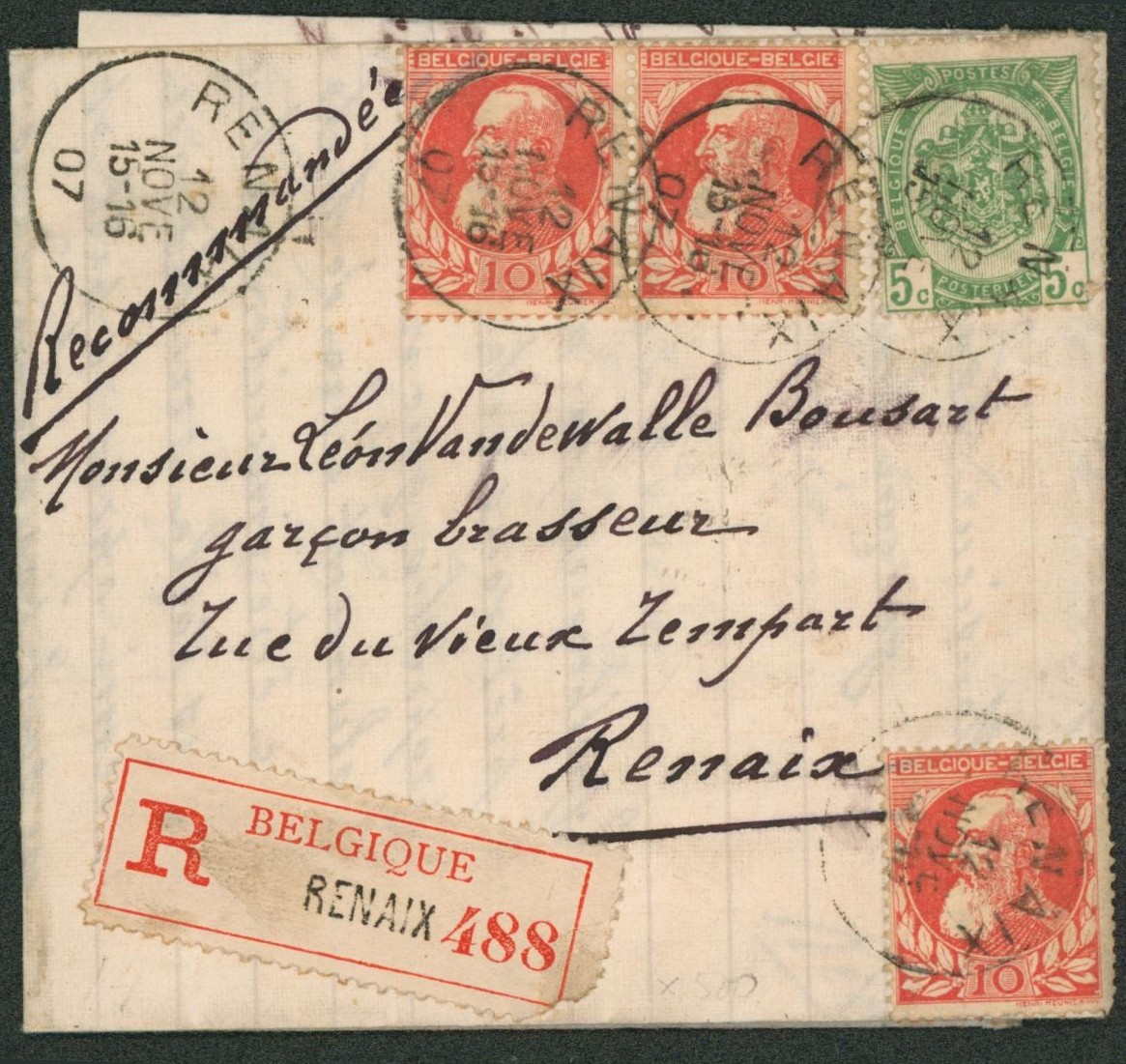 n°56 et 74 x3 sur lettre en recommandé de Renaix > Renaix. 