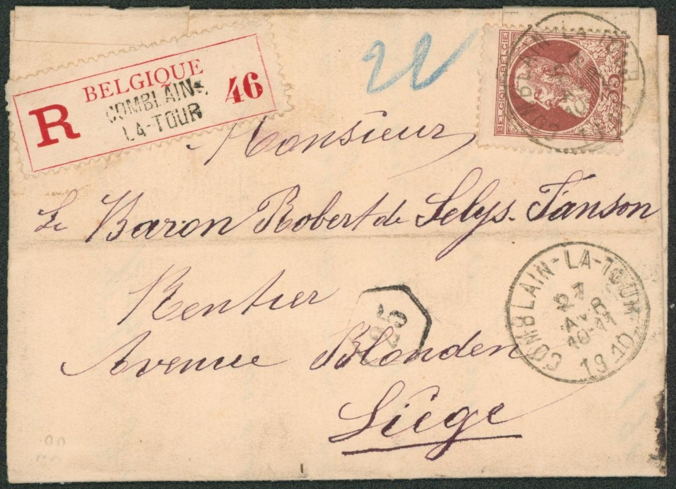 n°77 sur lettre en recommandé de Comblain la tour > Liège