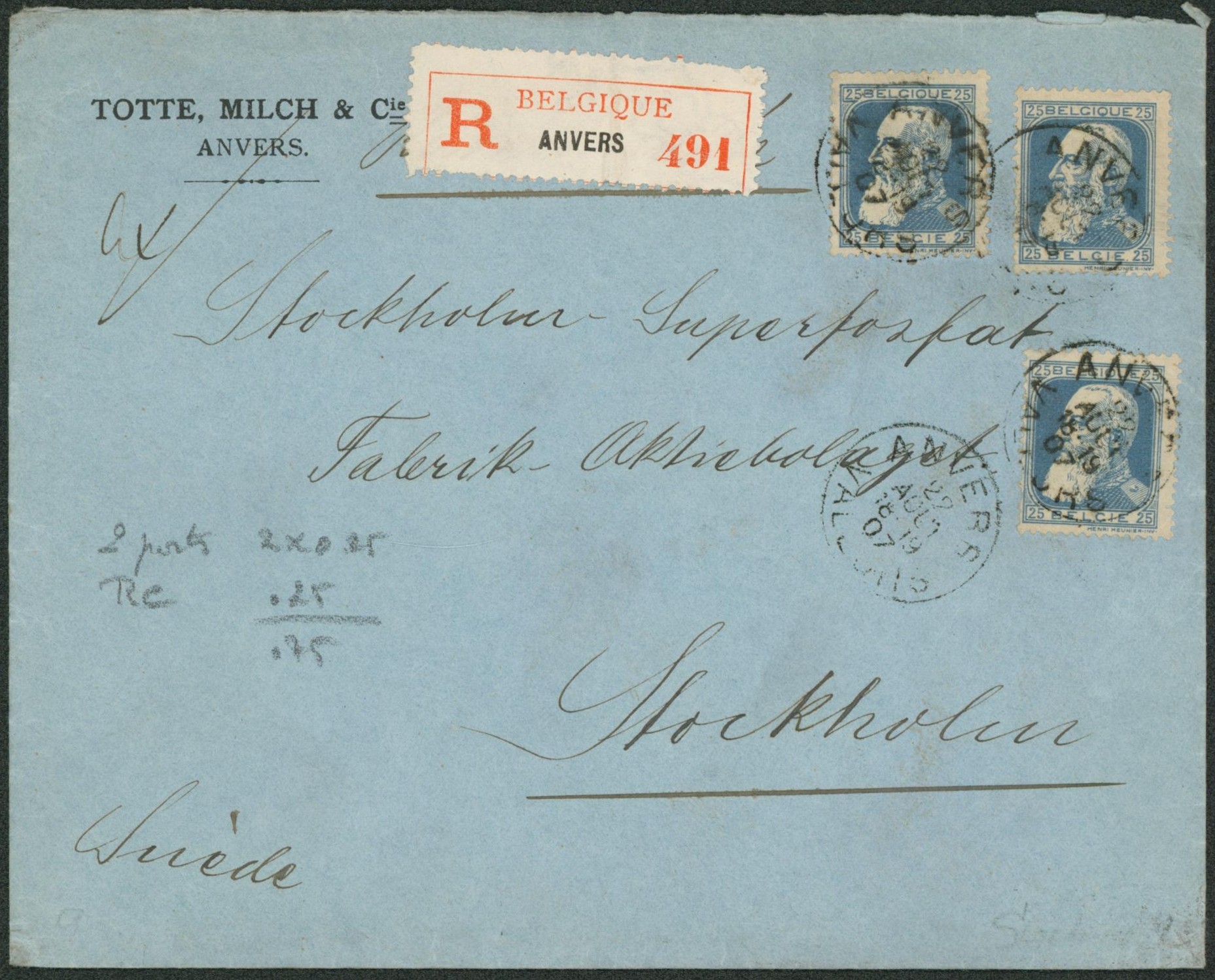 n°75 x3 sur lettre en recommandé + obl S.C. "Anvers / Valeurs" > Stockholm (Suède)."