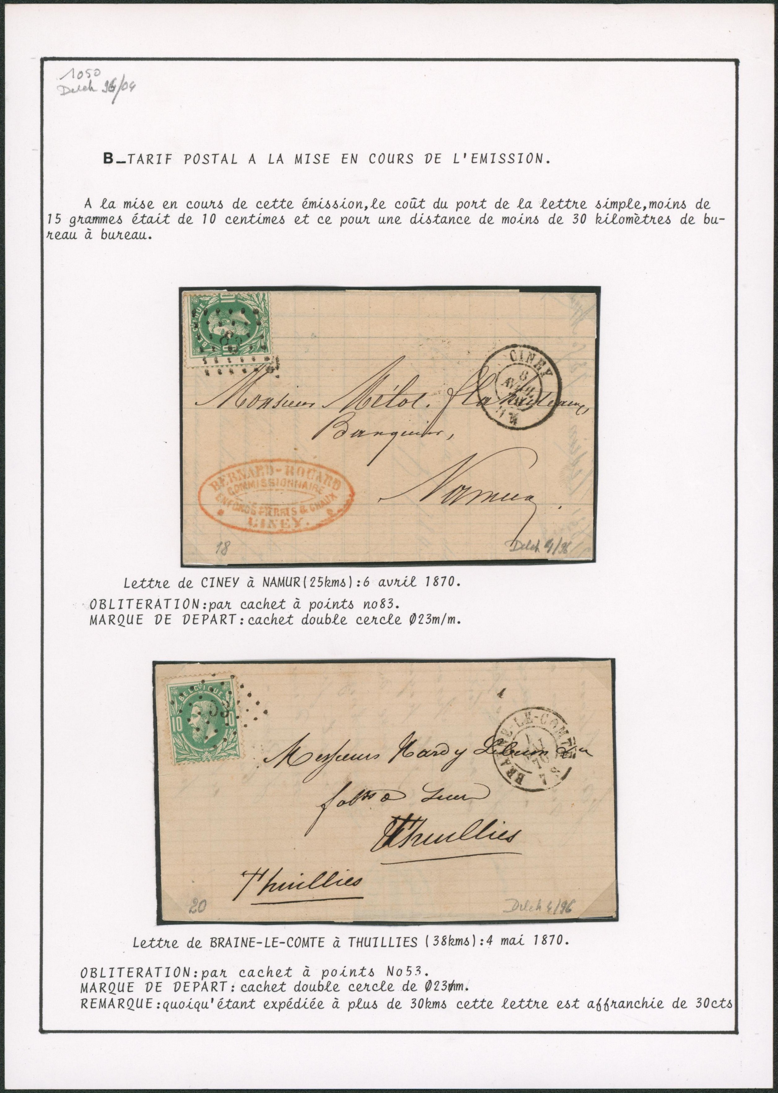 Page de collection - n°30 (Ciney, Braine le comte) mise en cours de l'émission. Tarif 10ctm pour une distance inférieur à 30Km.