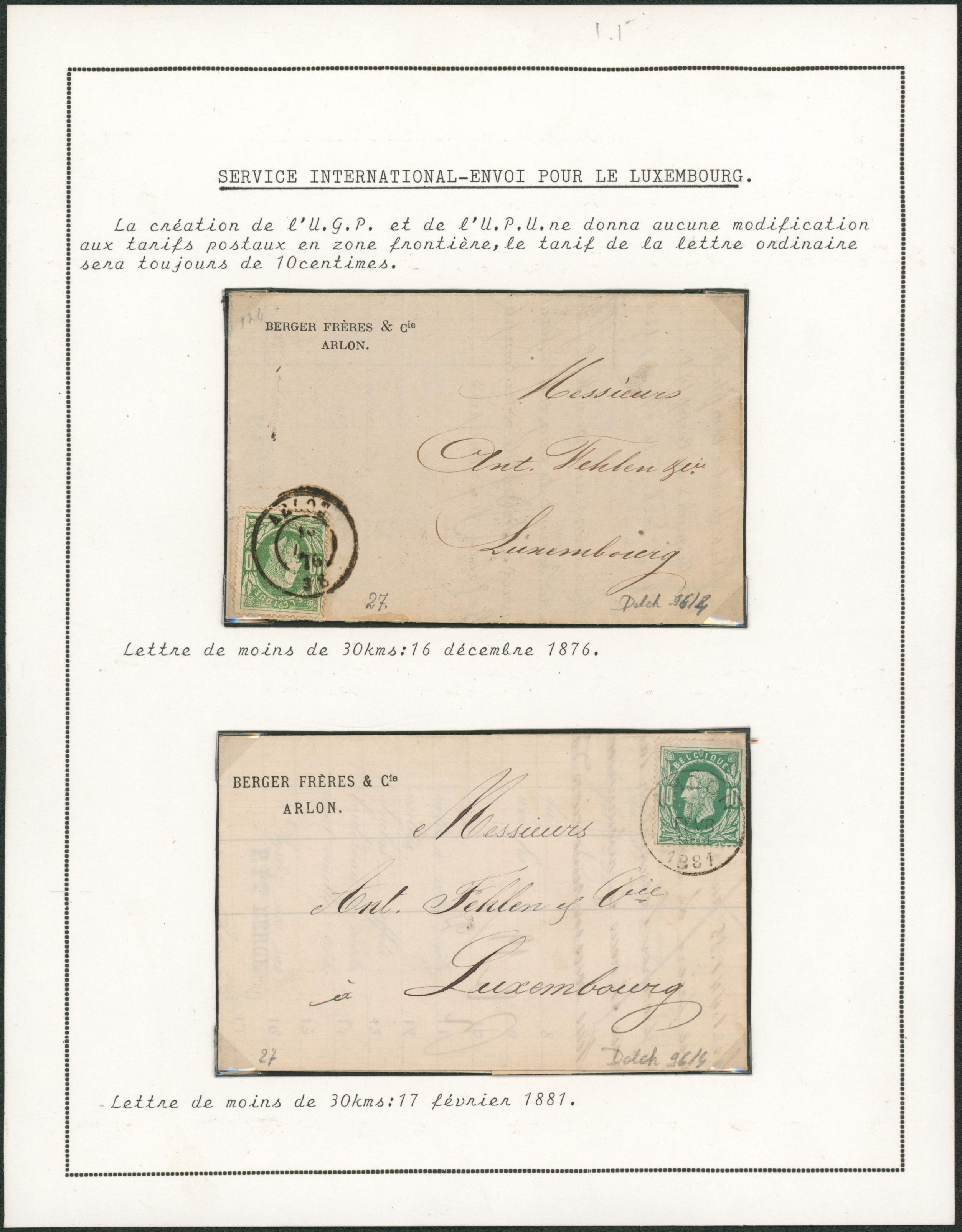 Page de collection - n°30 sur deux lettre (Arlon type S.C. et DC) service international (Tarif UPU, port frontalier) > Luxembourg. 