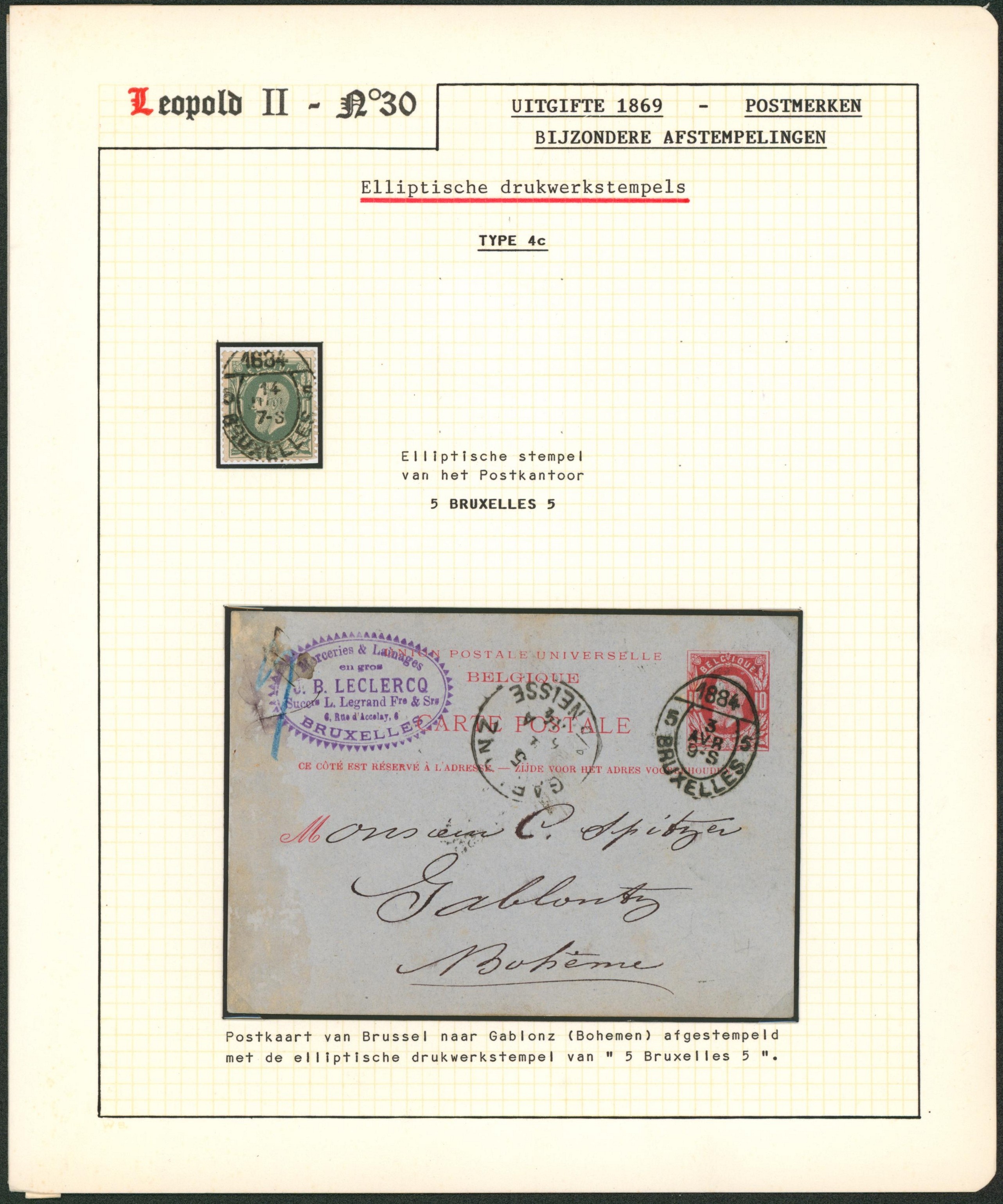 n°30 + entier postaux type 10ctm rouge avec cachet pour imprimé type elipse "Bruxelles 5""