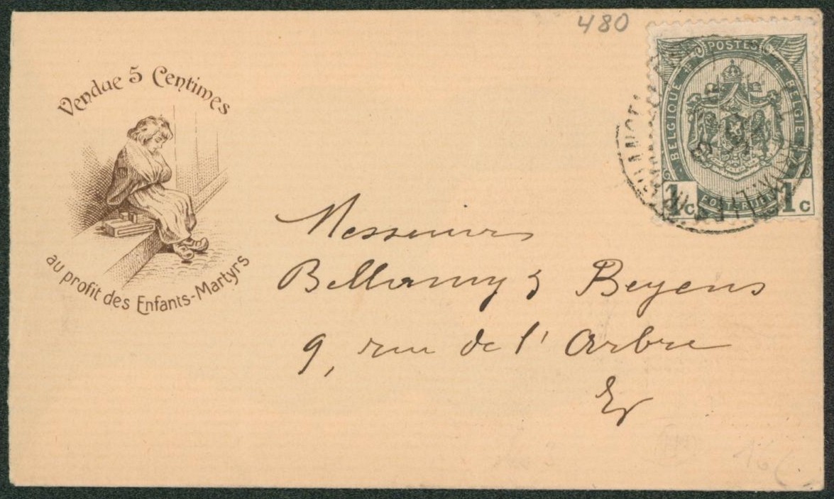 n°53 sur petite enveloppe format CDV vendue 5ctm au profit des enfants martyrs, de Bruxelles > La ville