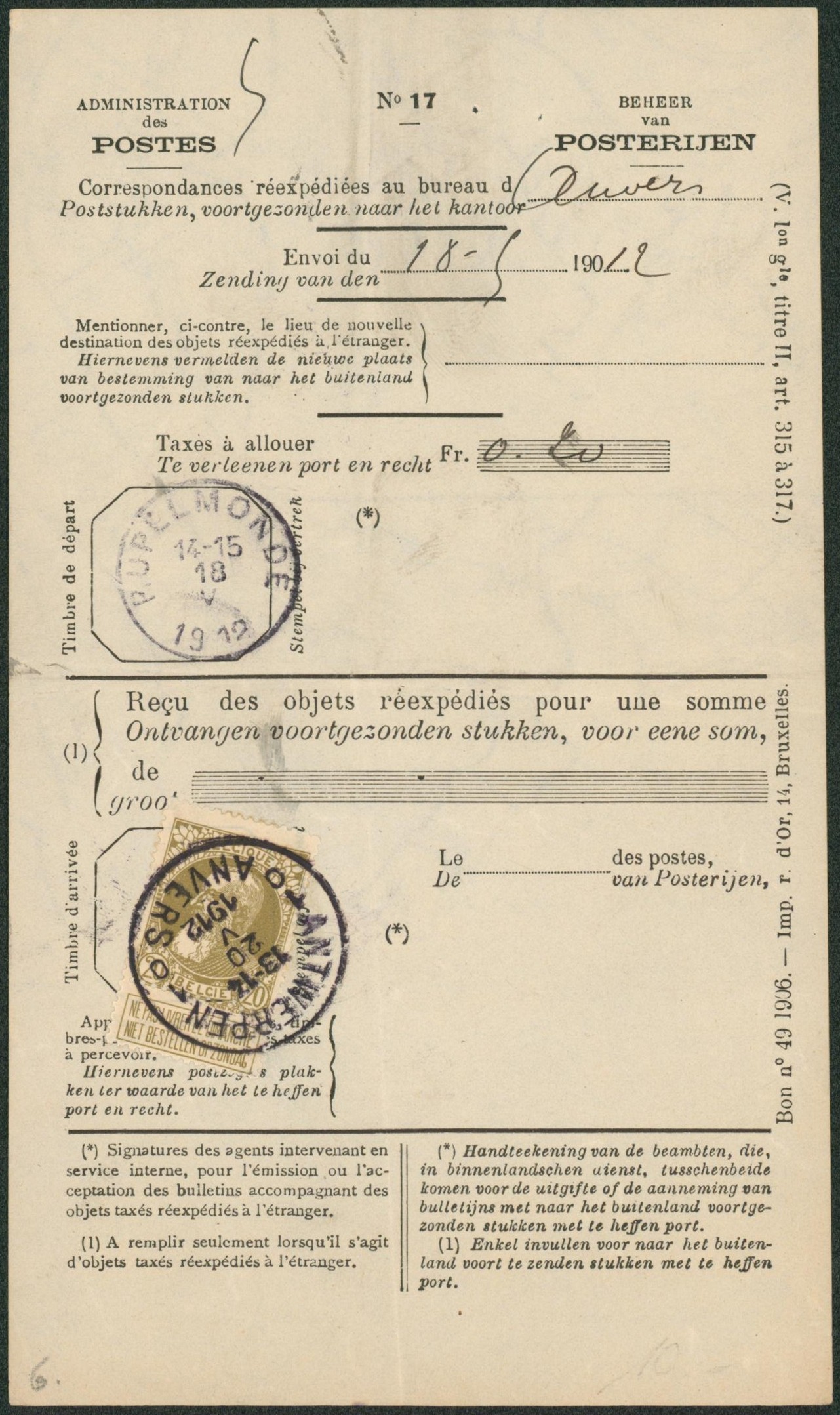 n°75 sur bordereau administration des postes (correspondance réexpédiée) Rupelmonde > Anvers