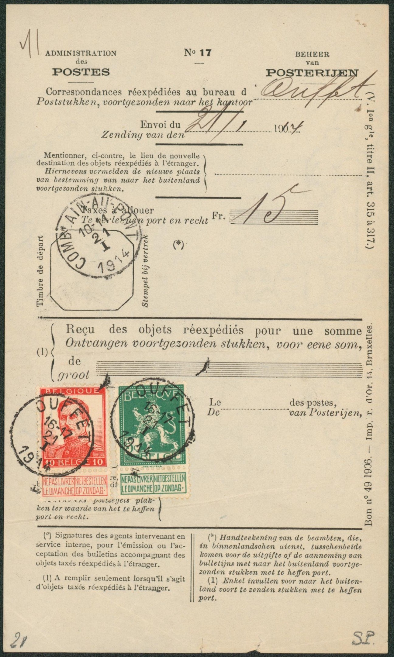 Pellens - n°110 et 123 sur bordereau administration des postes (correspondance réexpédiée) Comblaint-au-pont > Ouffet