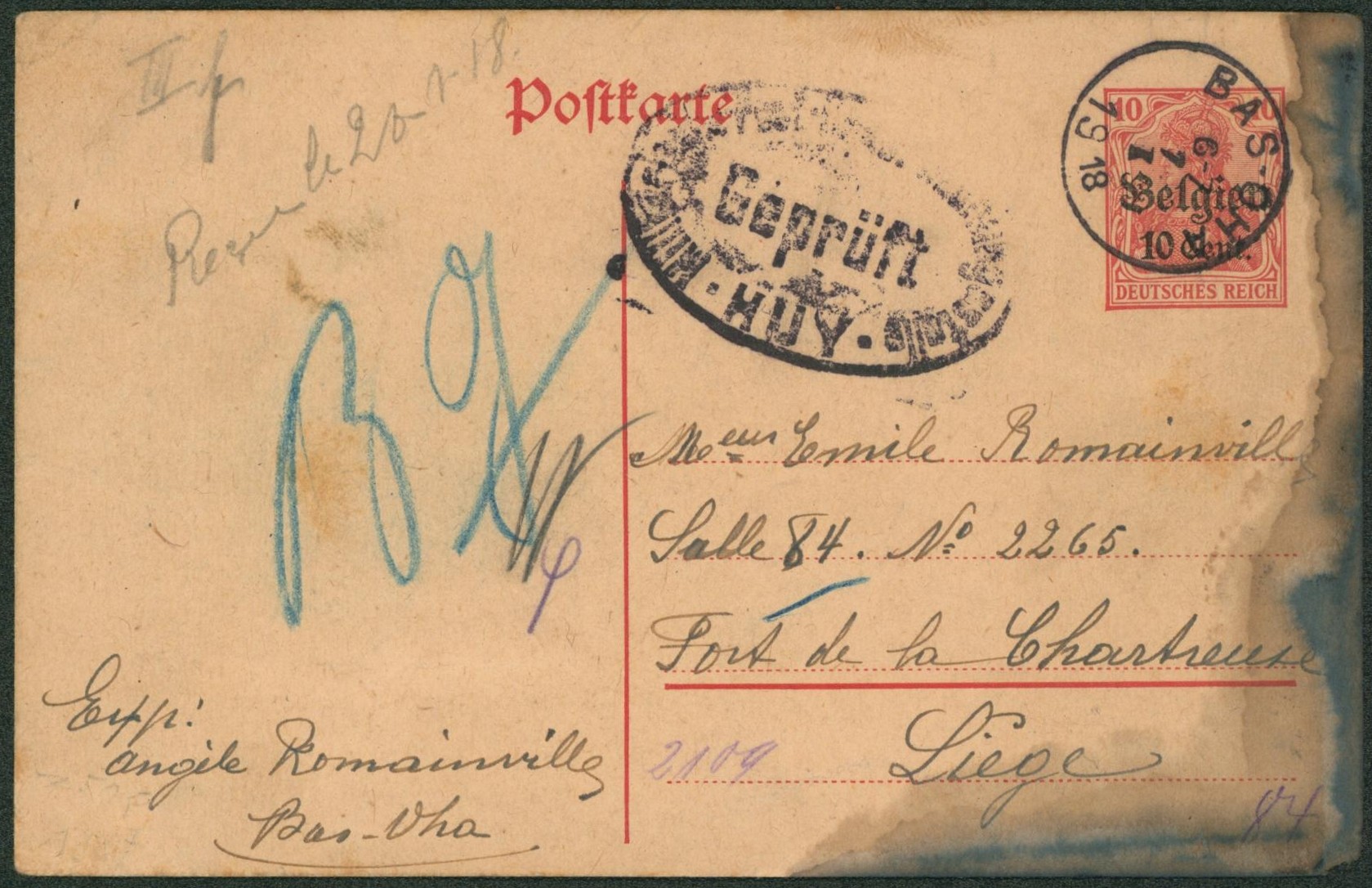 EP au type 10ctm rouge (bord souillé à l'encre) d'un ex. prisonnier de St-Gilles çàd paraphe prison + obl S.C. "Bas-Oha" > Dort de la chartreuse à Liège + censure Huy. "