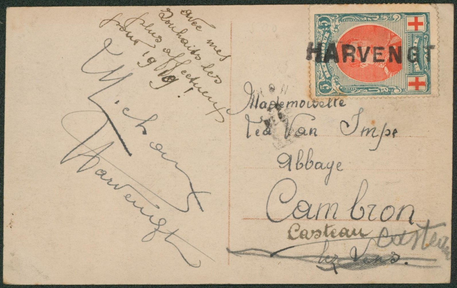 Croix-rouge - n°132 sur CP annulé par griffe de fortune HARVENGT > Cambron casteau