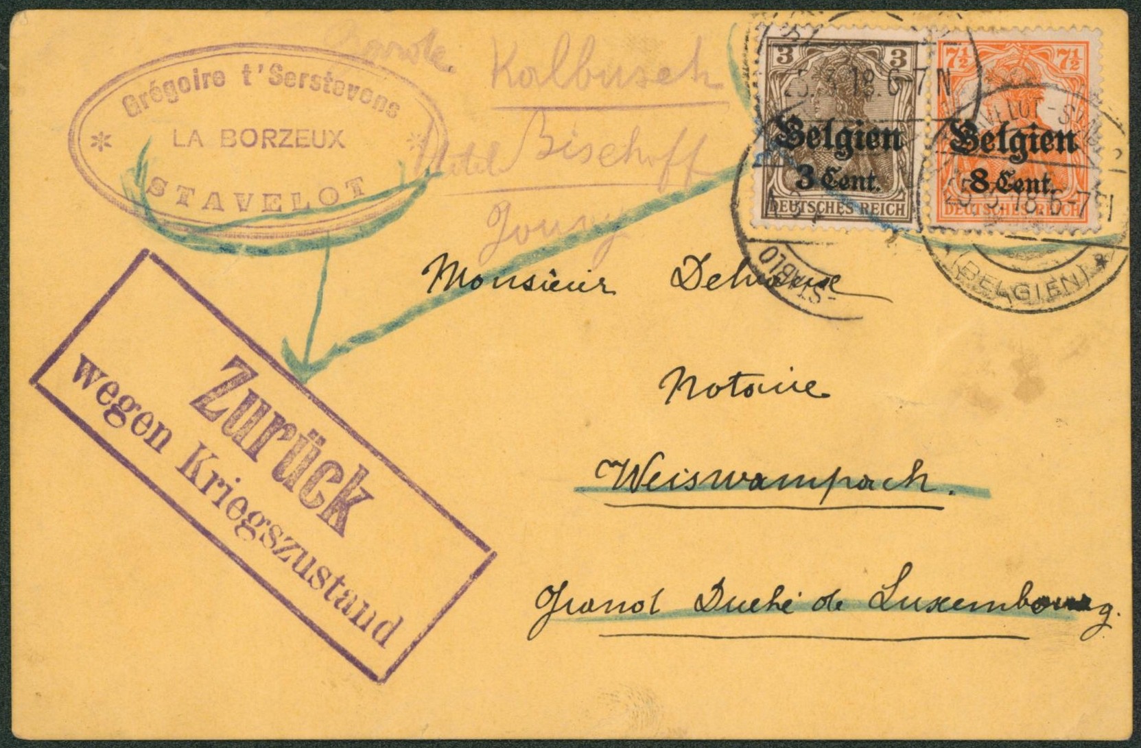 OC11 et OC13 sur carte manuscrite obl à pont "Stavelot-Stablo" > Weiswampach (Luxembourg) + grande griffe encadrée 2L ZURUCK."