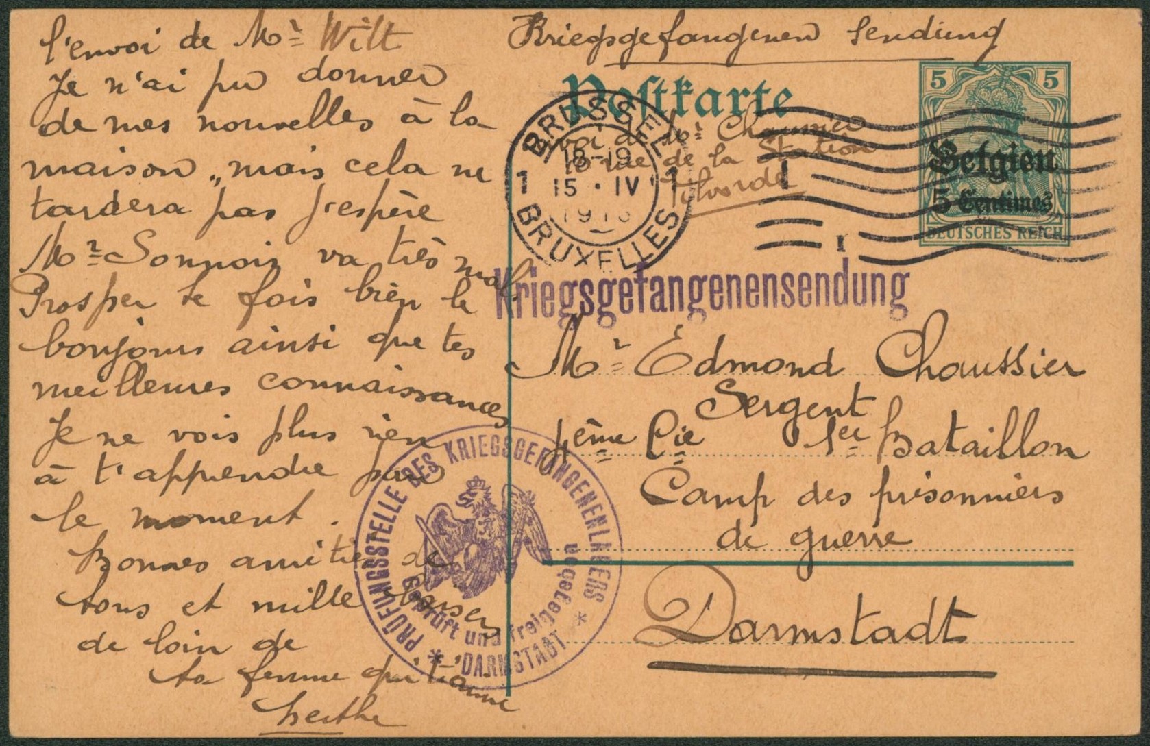 EP au type 5ctm vert expédié de Bruxelles > Camp de prisonnier de guerre à Darmstadt + censure du camp. Superbe / Texte