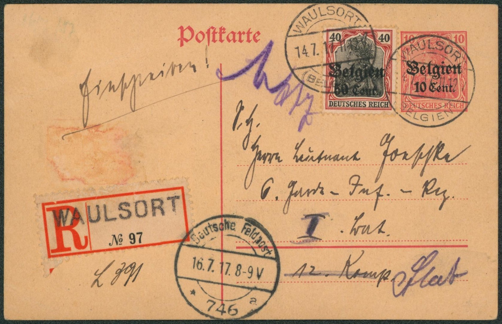 EP au type 10ctm rouge + OC20 en recommandé çàd obl à pont "Waulsort" + grande griffe > Deutsche feldpost. "