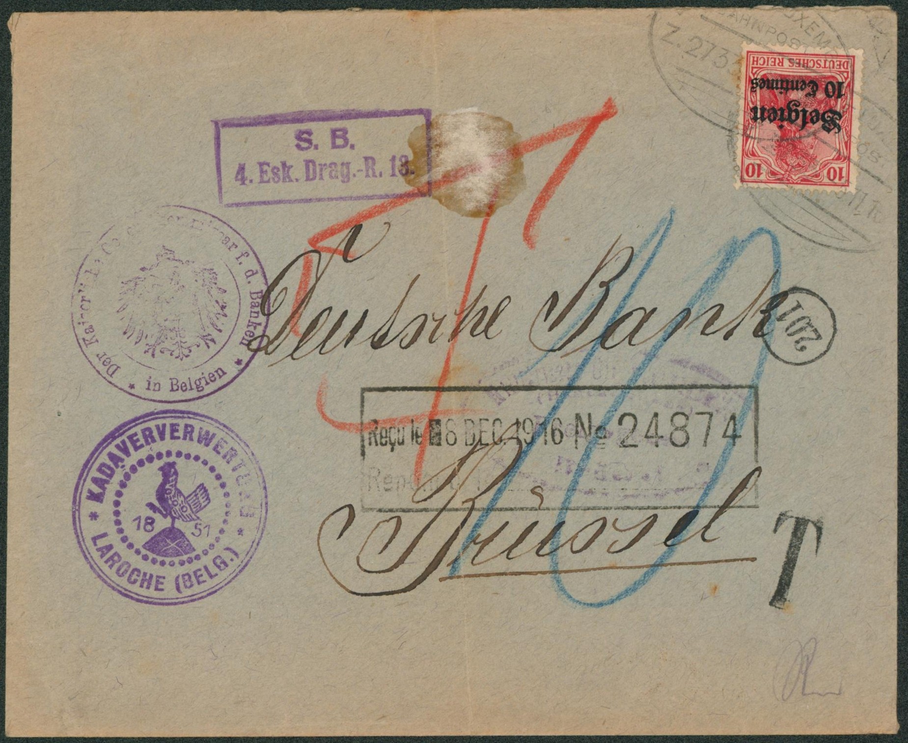 OC3 sur lettre + cachet ambulant type allemand "Bruxelles-Luxembourg" + cachet privé "Kadaververwertung / Laroche" et griffe de régiment > Bruxelles. Taxé "