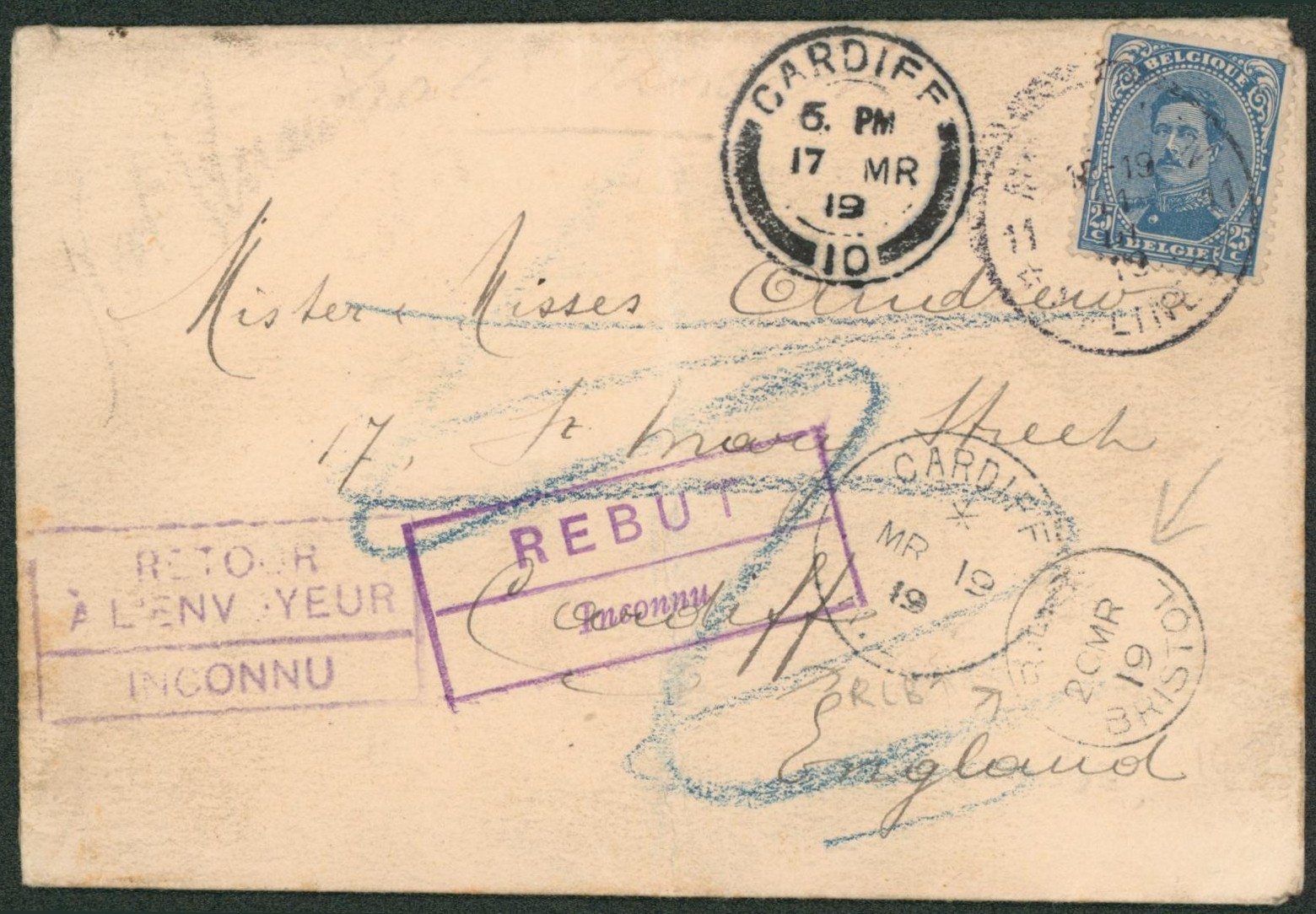 Albert I - n°141 sur lettre obl agence de fortune "Mechelen / malines 11" > Cardiff (England) + grand encadré "Rebut / inconnu" & "Retour à l'envoyeur / Inconnu". TTB "