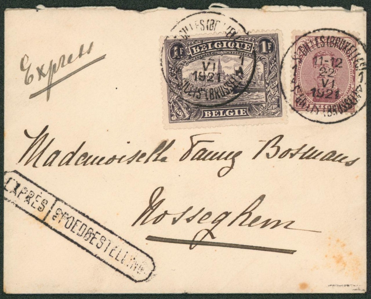 Albert I - n°140 et 145 sur lettre en expres de St-Gilles (Bruxelles) > Nosseghem çàd arrivée CDF. 