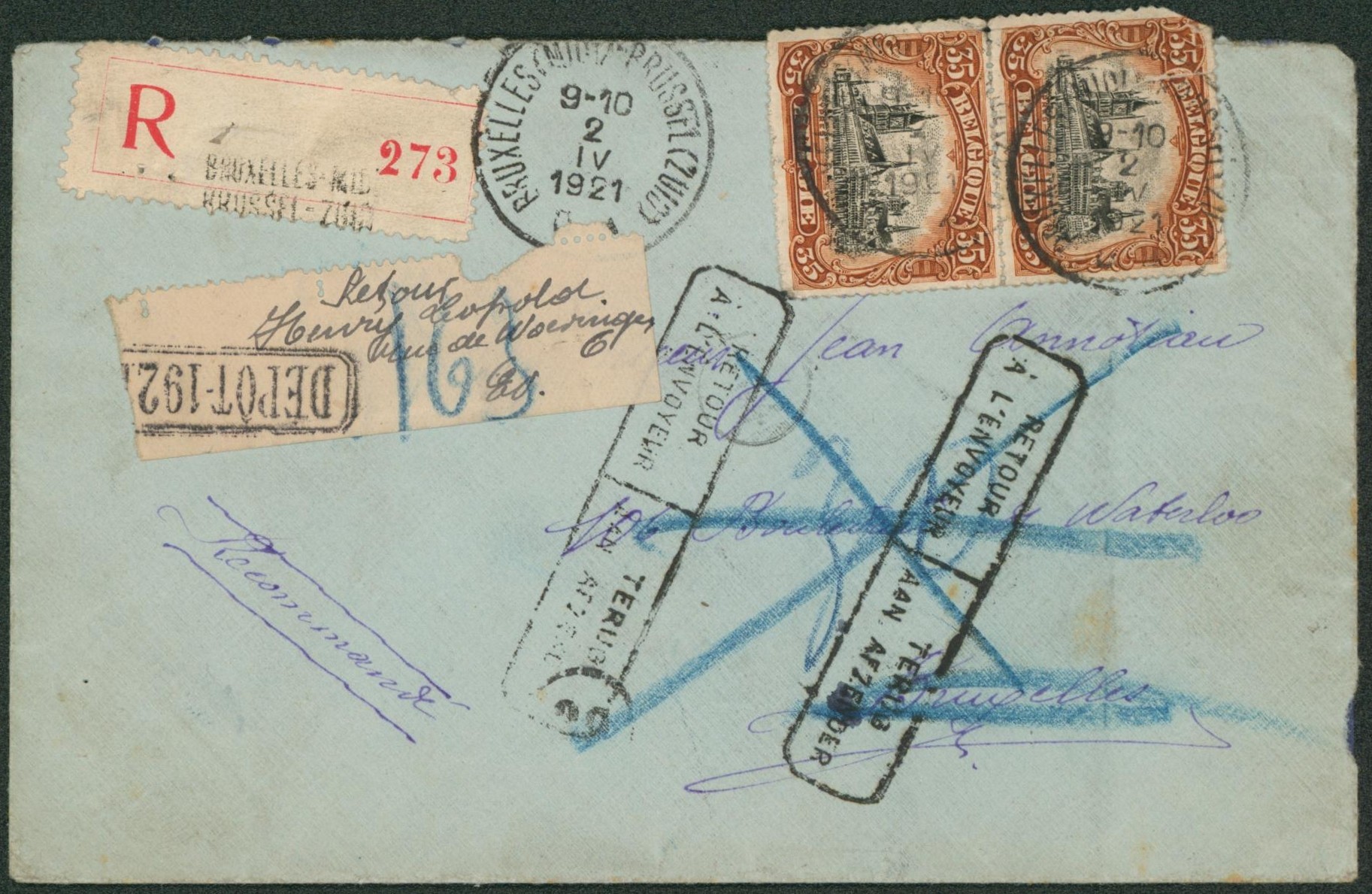 Albert I - n°142 x2 sur lettre en recommandé de Bruxelles-Midi > Bruxelles. Retour à l'envoyeur, papillon de retour. Verso griffe bilingue "non réclamé". "