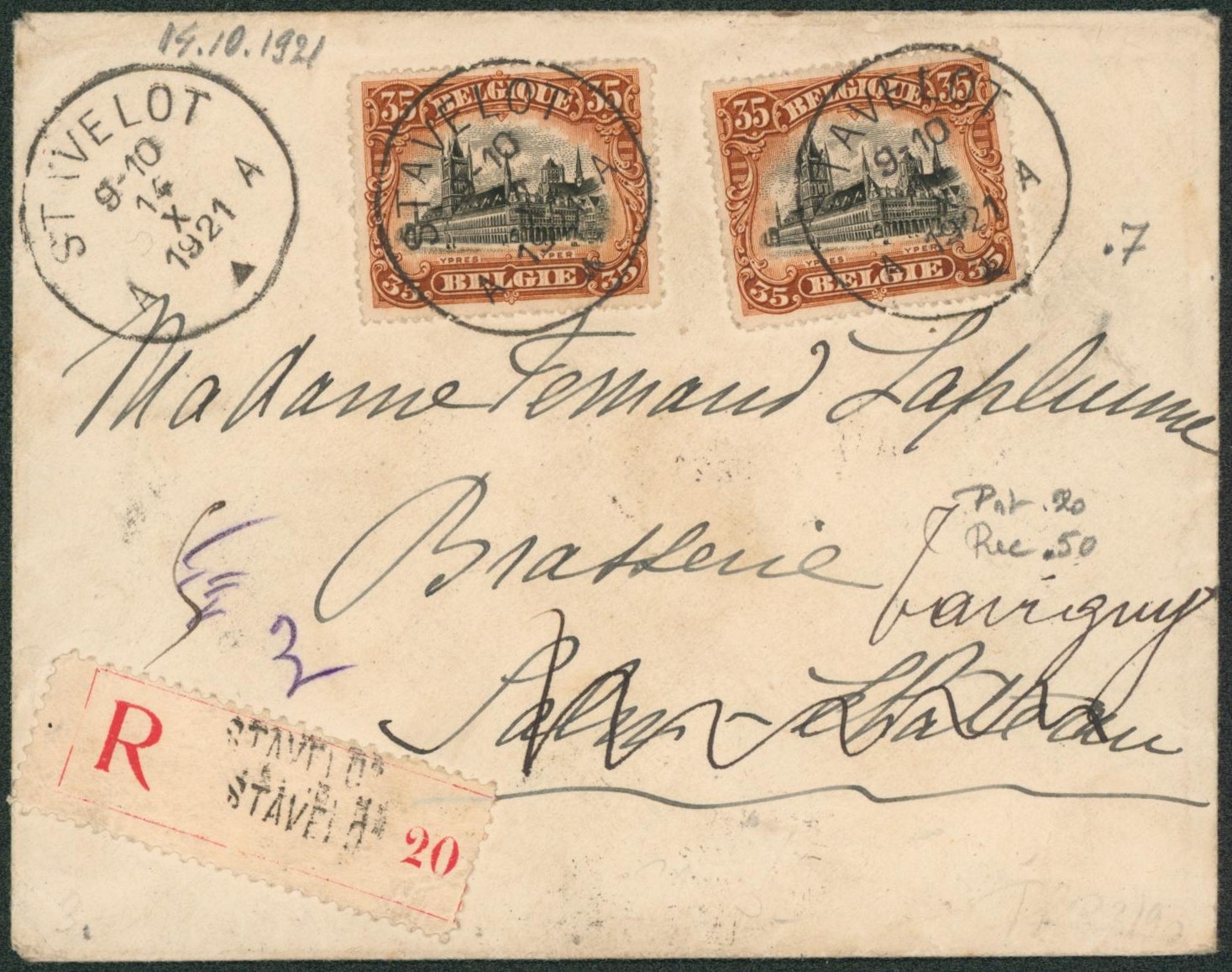 Albert I - n°142 x2 sur lettre en recommandé de Stavelot > Salm-chateaui suivi Tavigny