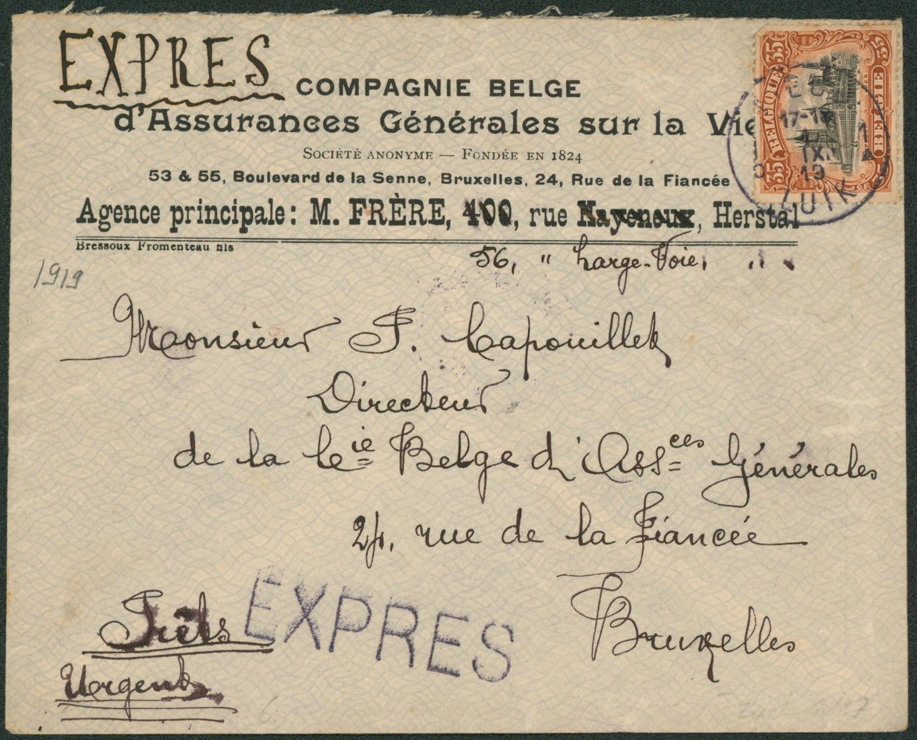 Albert I - n°142 sur lettre à en-tête en expres de Liège > Bruxelles. Très urgent