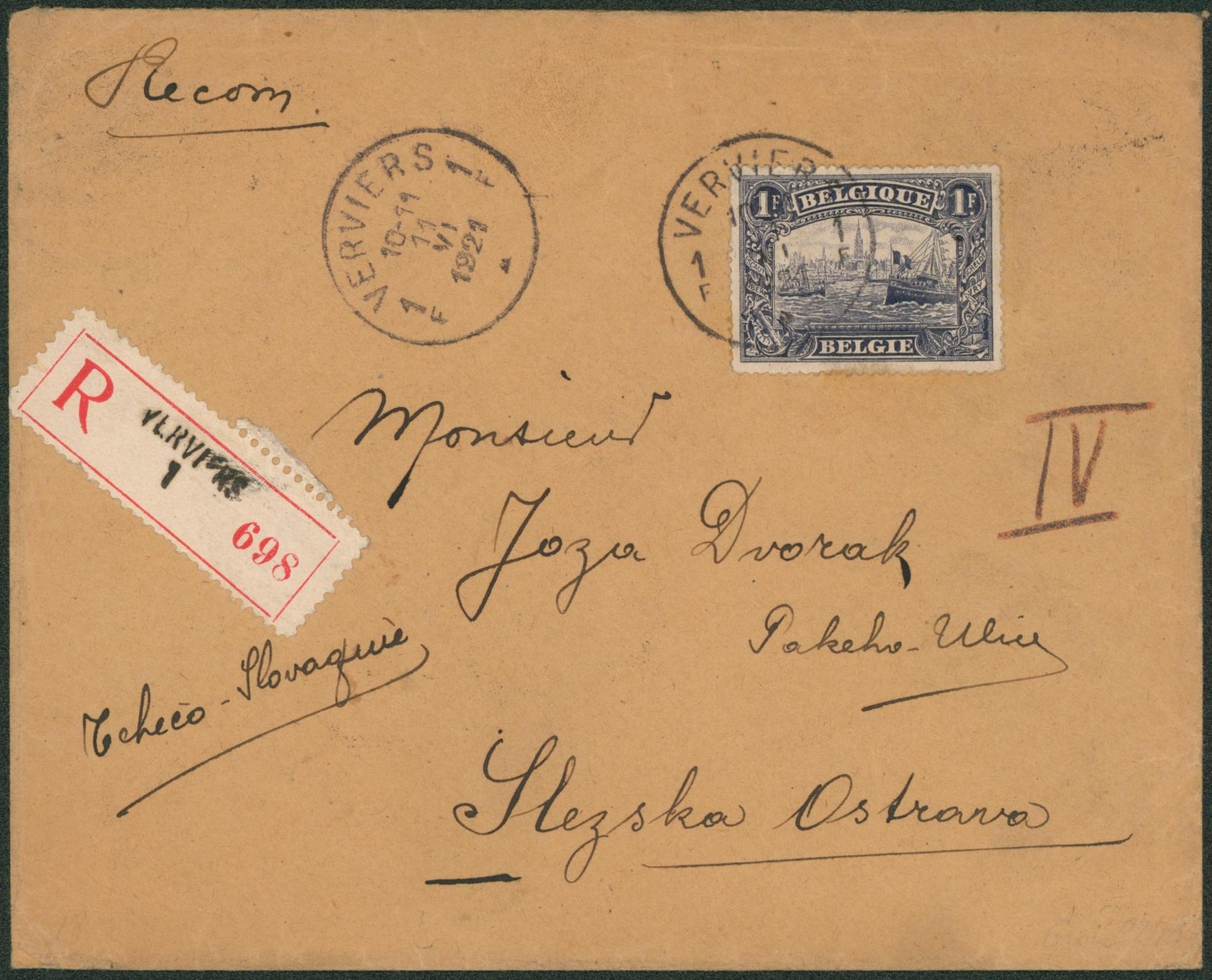 Albert I - n°145 + verso 135 x5 et 140 sur lettre en recommandé de Verviers > Slezská Ostrava (Tchécoslovaquie)