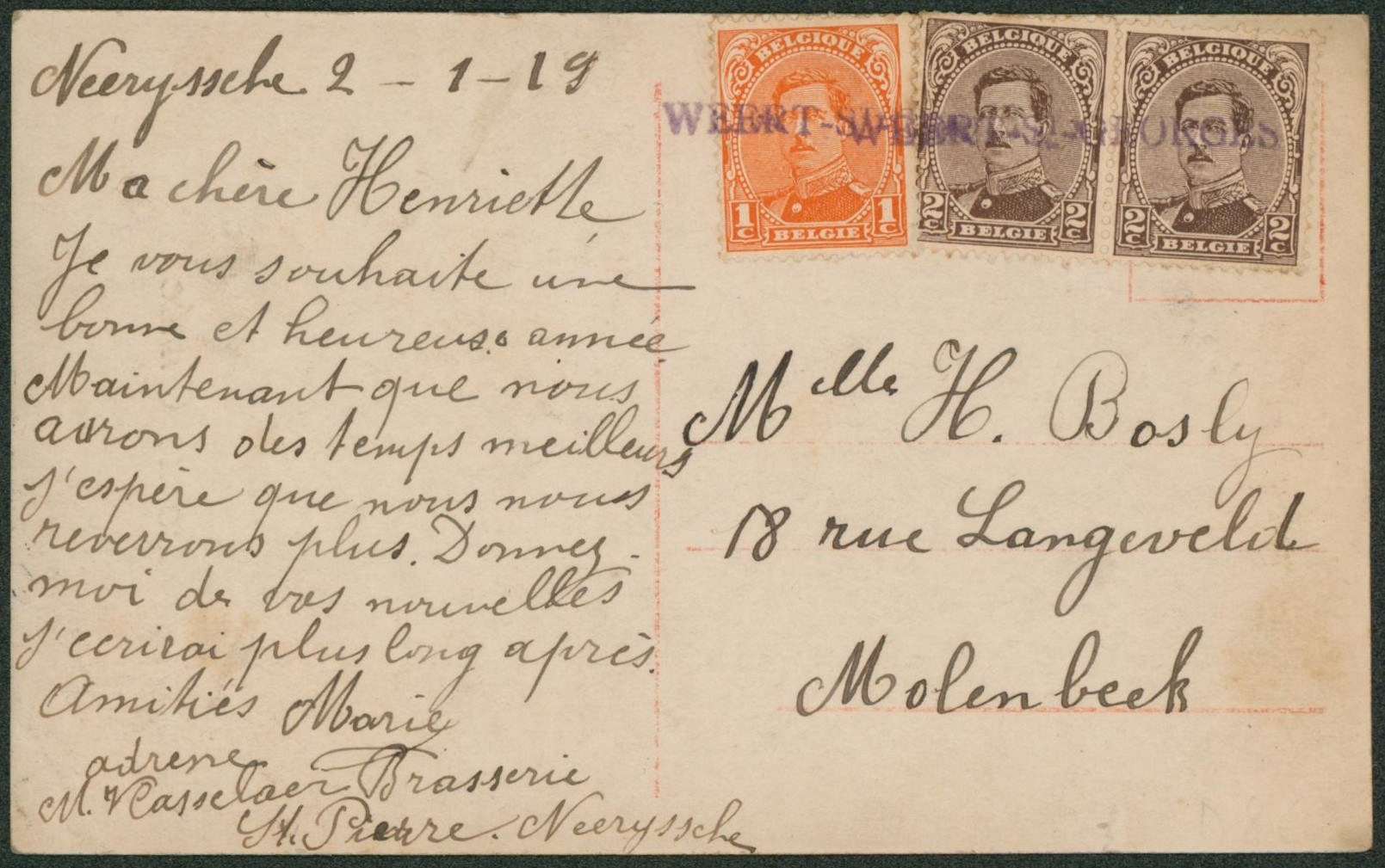 Albert I - n°135 et 136 x2 annulé par griffe de fortune WEERT-ST-GEORGES > Molenbeek