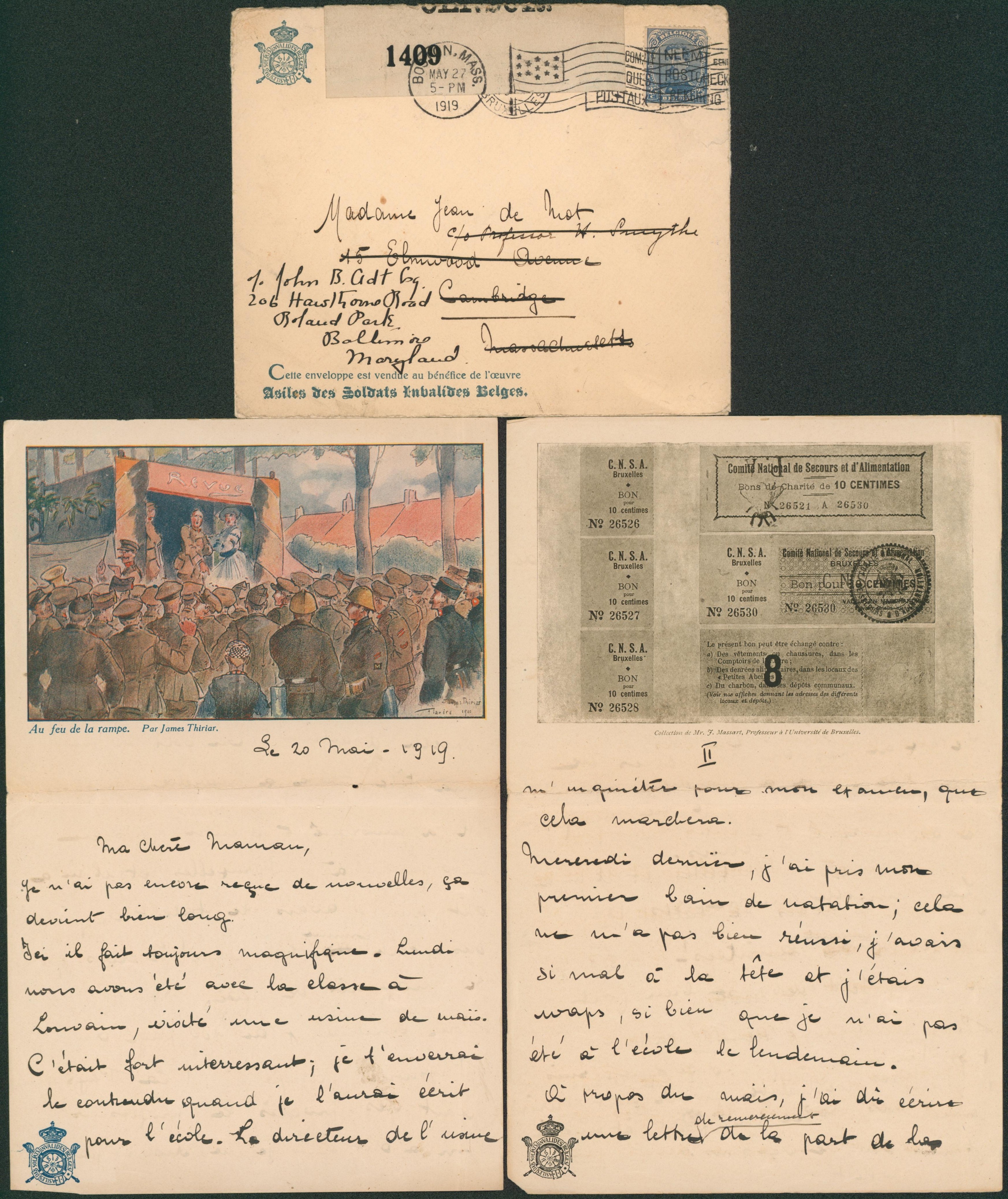 Albert I - n°141 sur lettre avec contenu expédié de Bruxelles + bandelette de censure (1919) > Cambridge (USA) redirigé vers Baltimore. Texte