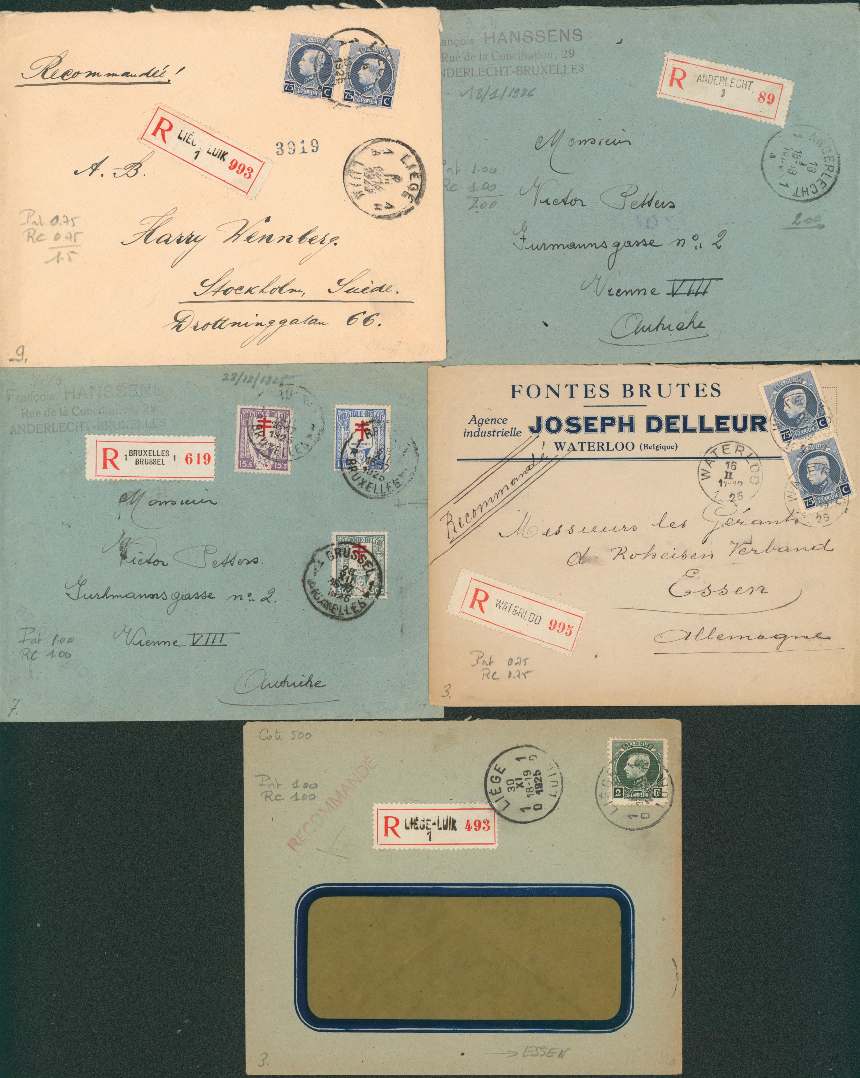 Petit lot de 5 lettres émission mixte (Houyoux, Petit montenez, Antituberculeux) en recommandé > destination étrangère (Vienne, Stockholm,?). A voir ! 