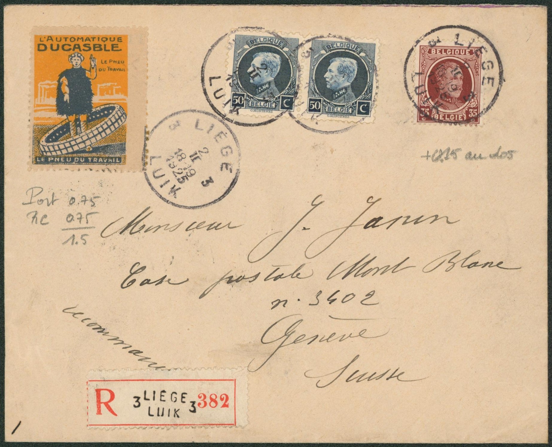n°211 x2, 201, 165 x5 et 166 x6 sur lettre en recommandé de Liège + vignette (Automatique Ducasble, pneu) > Genève (Suisse)