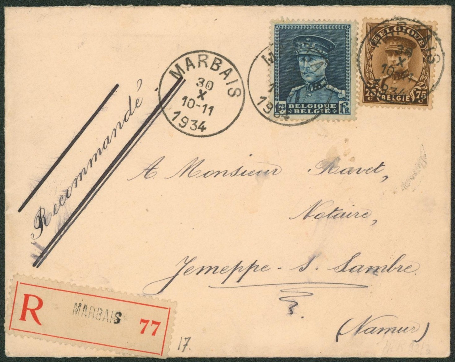 Képi - n°320 et 341 sur lettre en recommandé de Marbais > Jemeppe-S-Sambre
