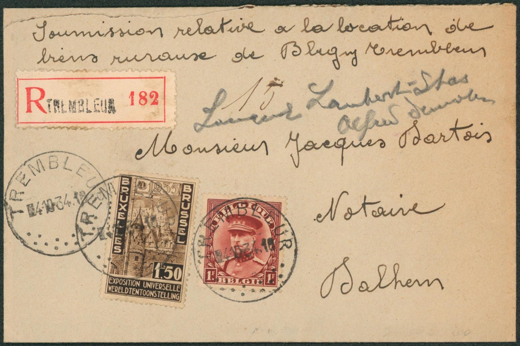 n°317 et 388 sur lettre en recommandé de Trembleur > Dalhem