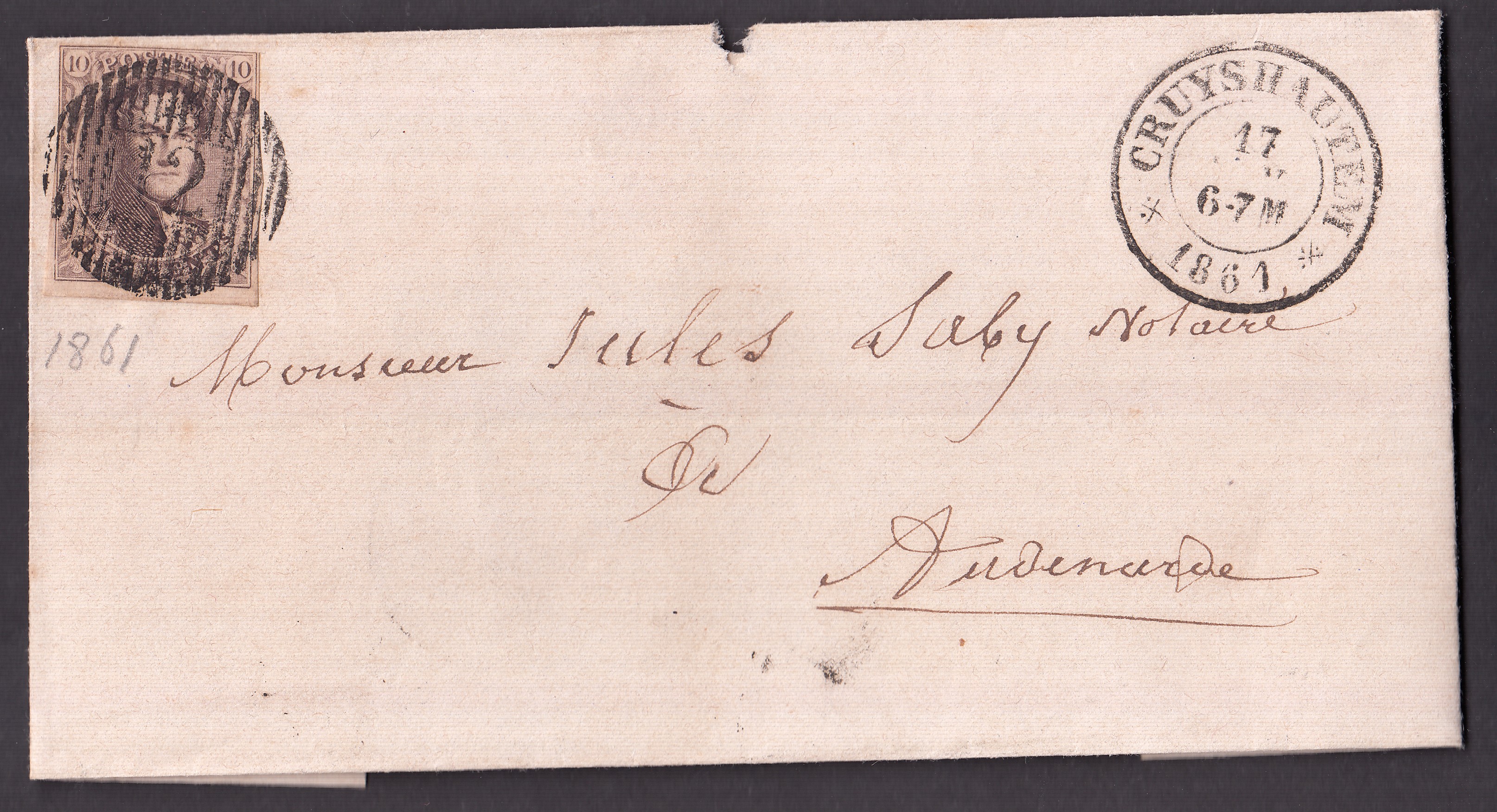 10A margé sur LSC de Cruyshauten (D12) le 17 FEVR.1861 à destination d'Audenaerde. Càd au verso.