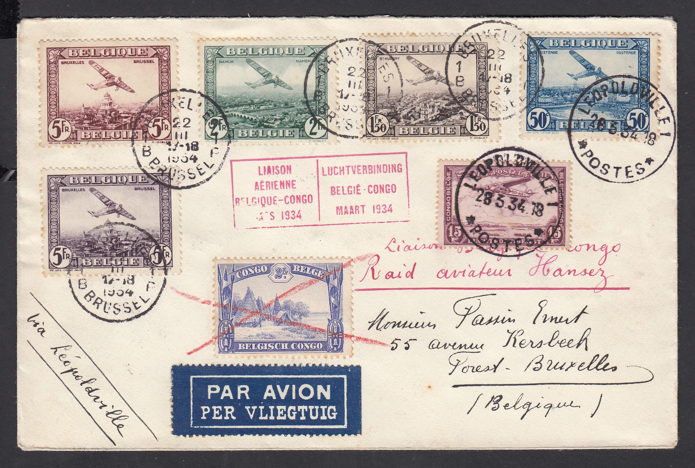 Affmt mixte Belg Pa1/Pa5 /Congo Belge 178 +Pa13 sur lettre par avion ( Raid Hansez) de et vers BXL le 22.III.1934 via Léopoldville. Cachets d'arrivées +vignette « KOOPT Belgische produkten » au verso.