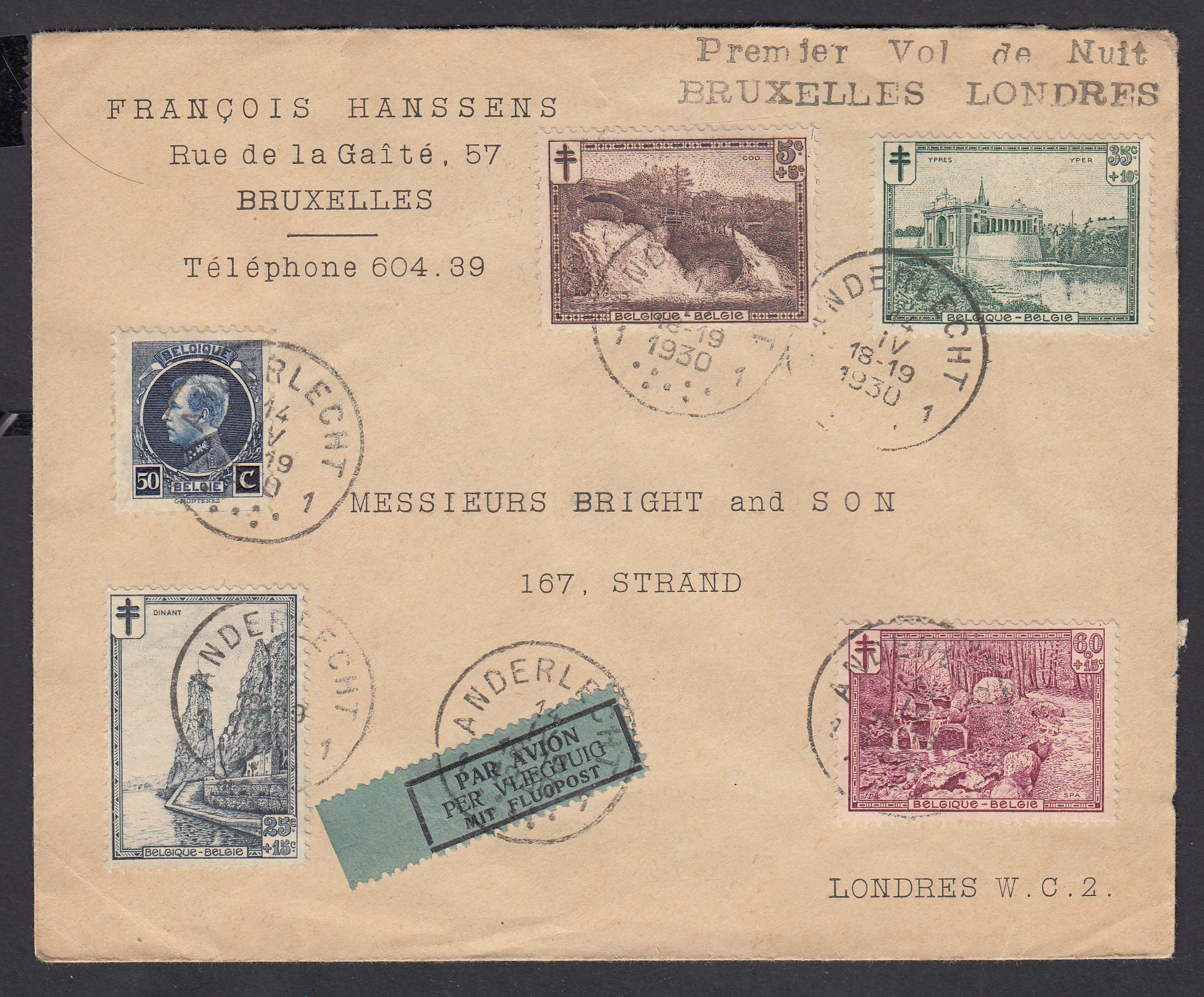 187 +293/96 sur lettre par avion ( Griffe bilinéaire « 1er vol de nuit /BXL-LONDRES ») d'Anderlecht le 14.IV.1930 vers Londres.