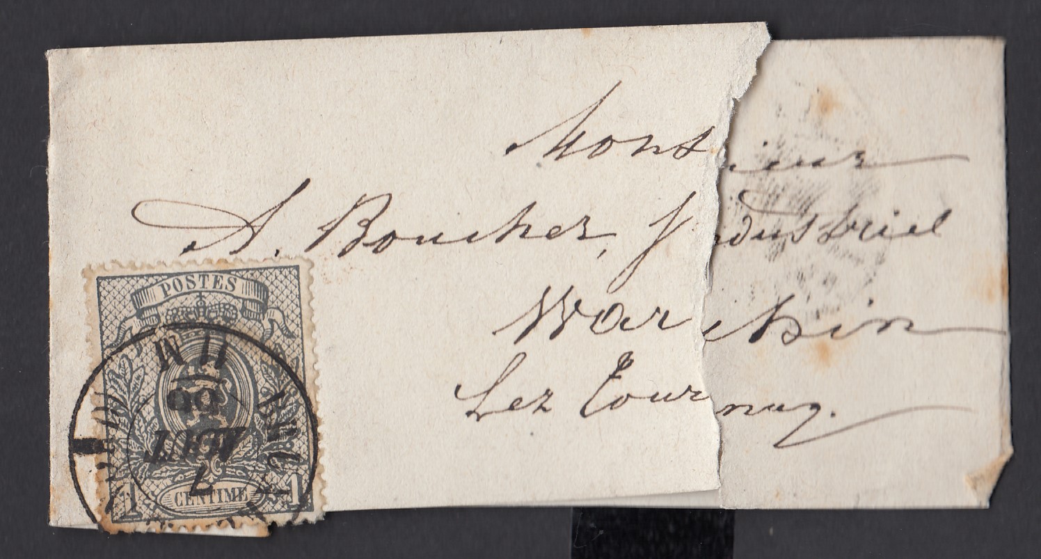 23 sur bande pour carte de visite de BXL (Nord) le 7 août 1866 vers Marchin-lez-Tournai.