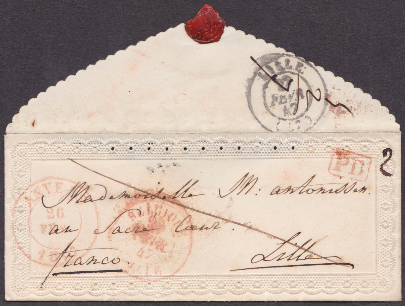 Env ornementée en port payé d'Anvers 26/2/1847 vers Lille. Port Anvers à Menin 5 déc, Lille pour Lille 2 déc = 7 décimes payés au départ (verso).