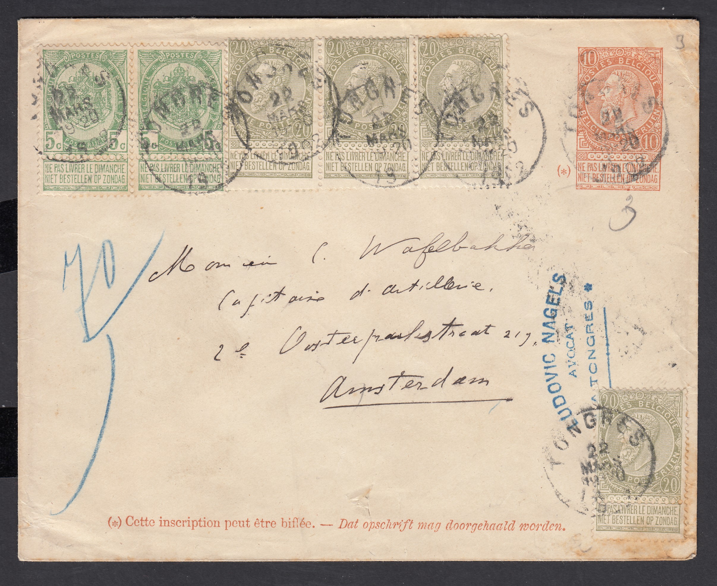 56 en paire +59 x4 sur Ep10c type « Fine Barbe -Tp 57 » de Tongres le 22 mars 1902 à destination d'Amsterdam. Càd au verso.