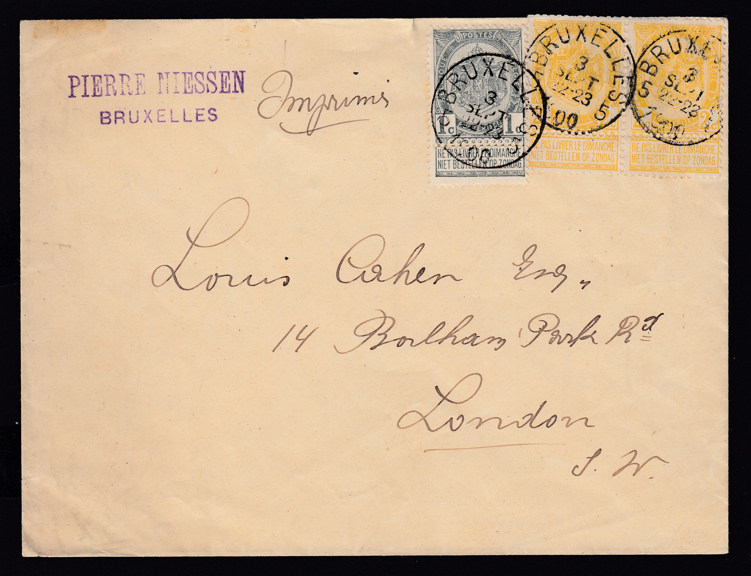 53 +54 en paire sur lettre en imprimé de BXL le 3 sept.1900 vers Londres. Càd au verso.
