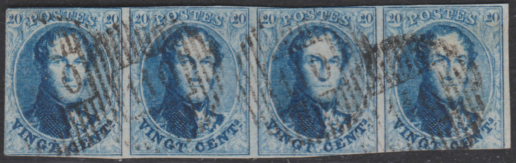 11 en bande de 4 diversement margés, Pos 277/1880, obl D 110 Eecke (Nazareth)