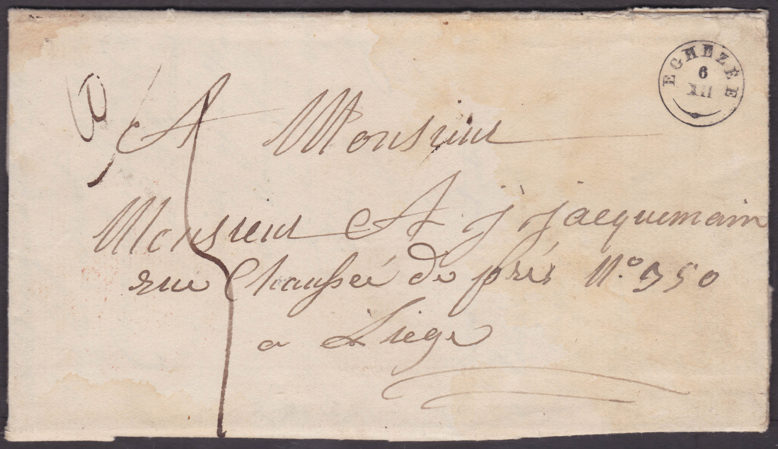 LAC pesante à 10 grs, obl T 18 Eghezée 6/12/1836 vers Liège. Port 5 décimes.