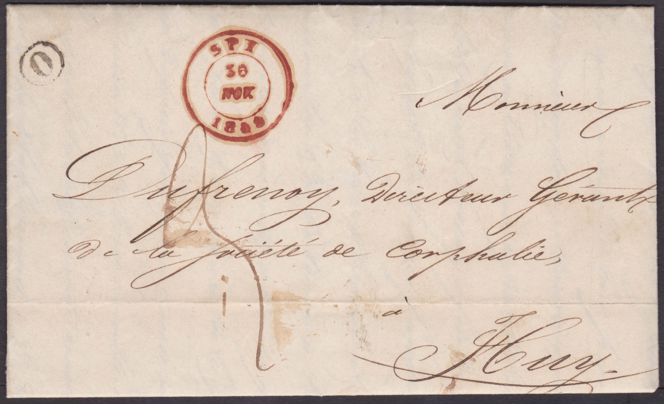 LAC obl DC Spi le 30/11/1848, boite O de Auvelais, vers Huy. Port 3 décimes.