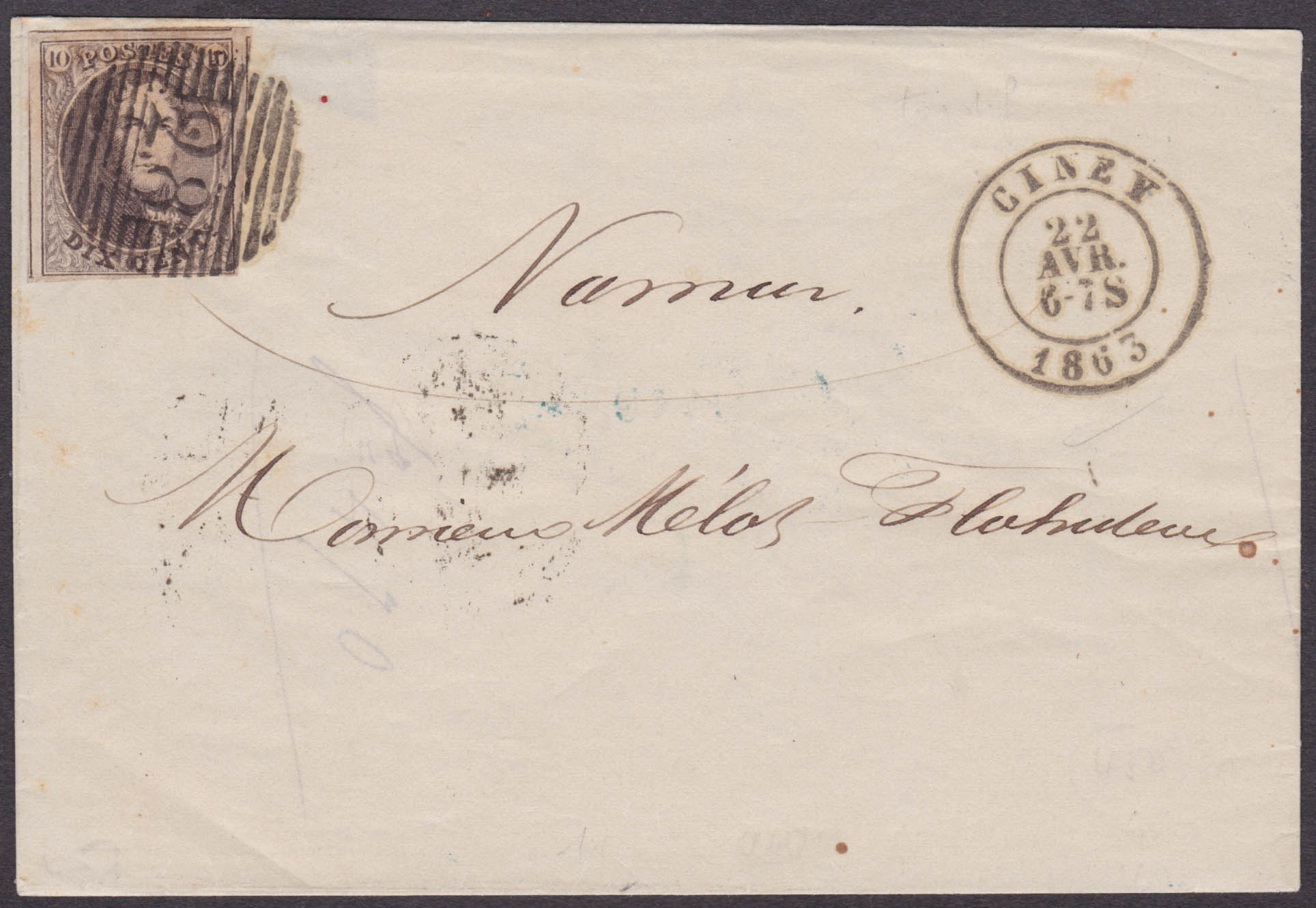 10, margé + voisins, obl P 28 + càd Ciney 22/4/1863 sur LAC vers Namur.