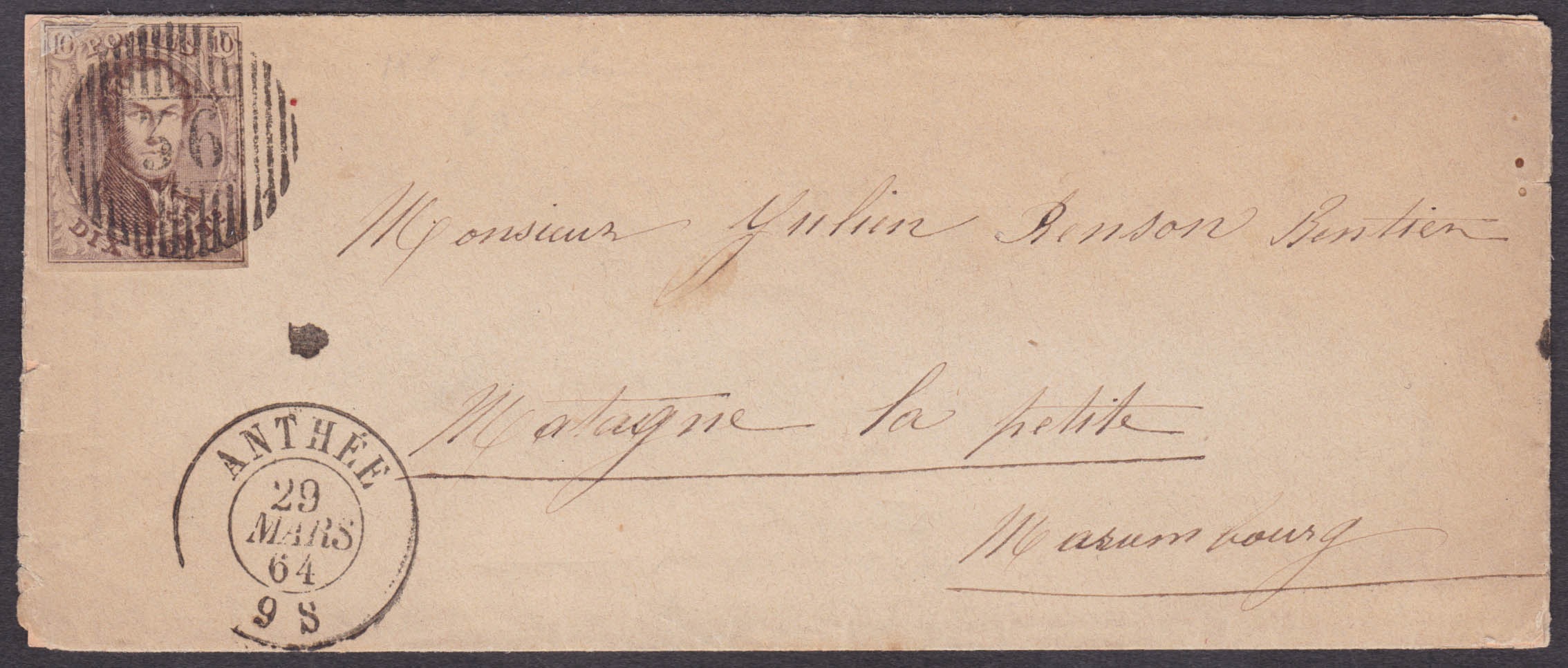 10, margé, obl D 36 + càd Anthée 29/3/1864 env vers Matagne-la-Petite.