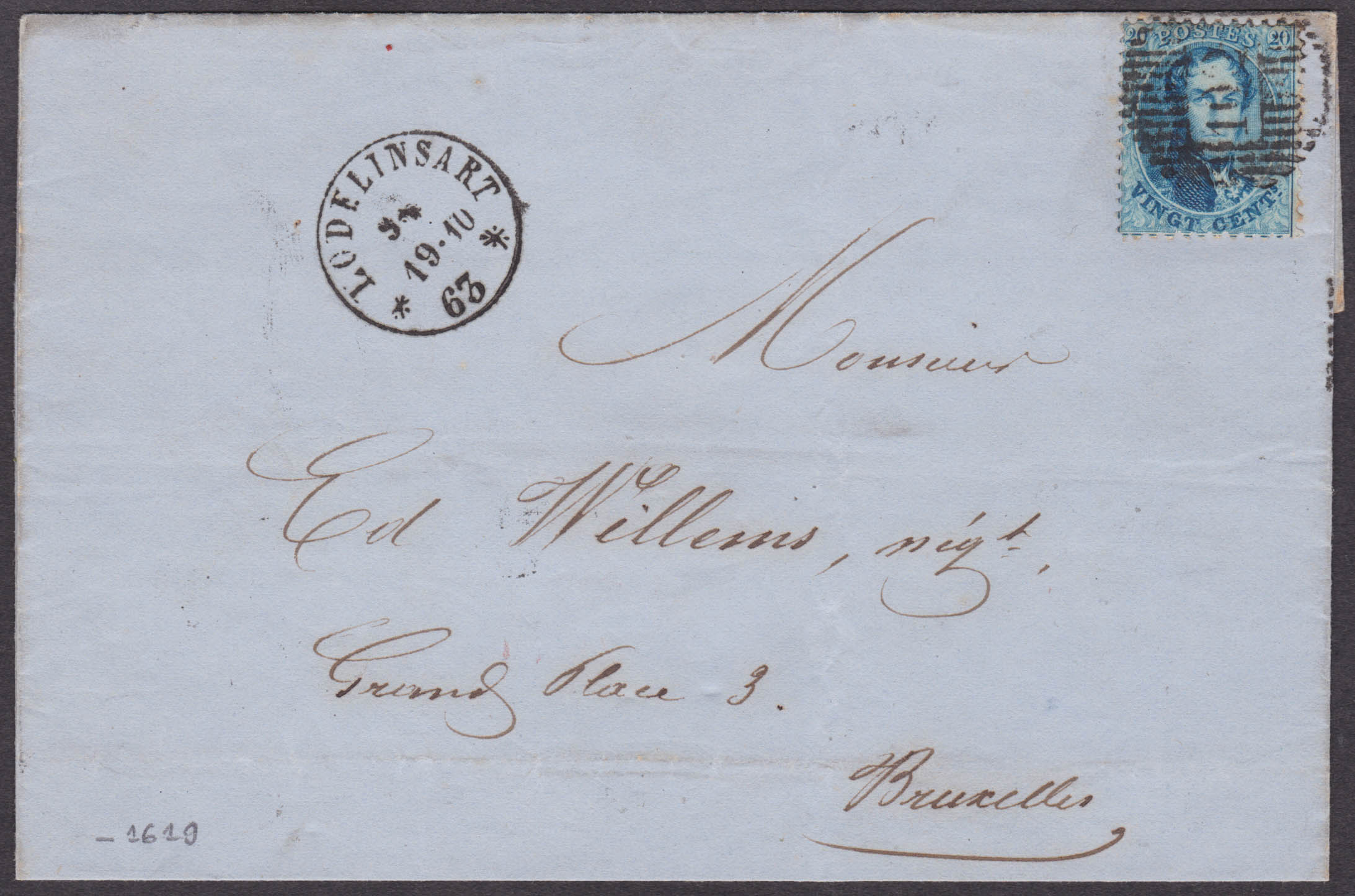 15 obl D 102 + càd Lodelinsart 19/10/1863 sur LAC vers BXL.