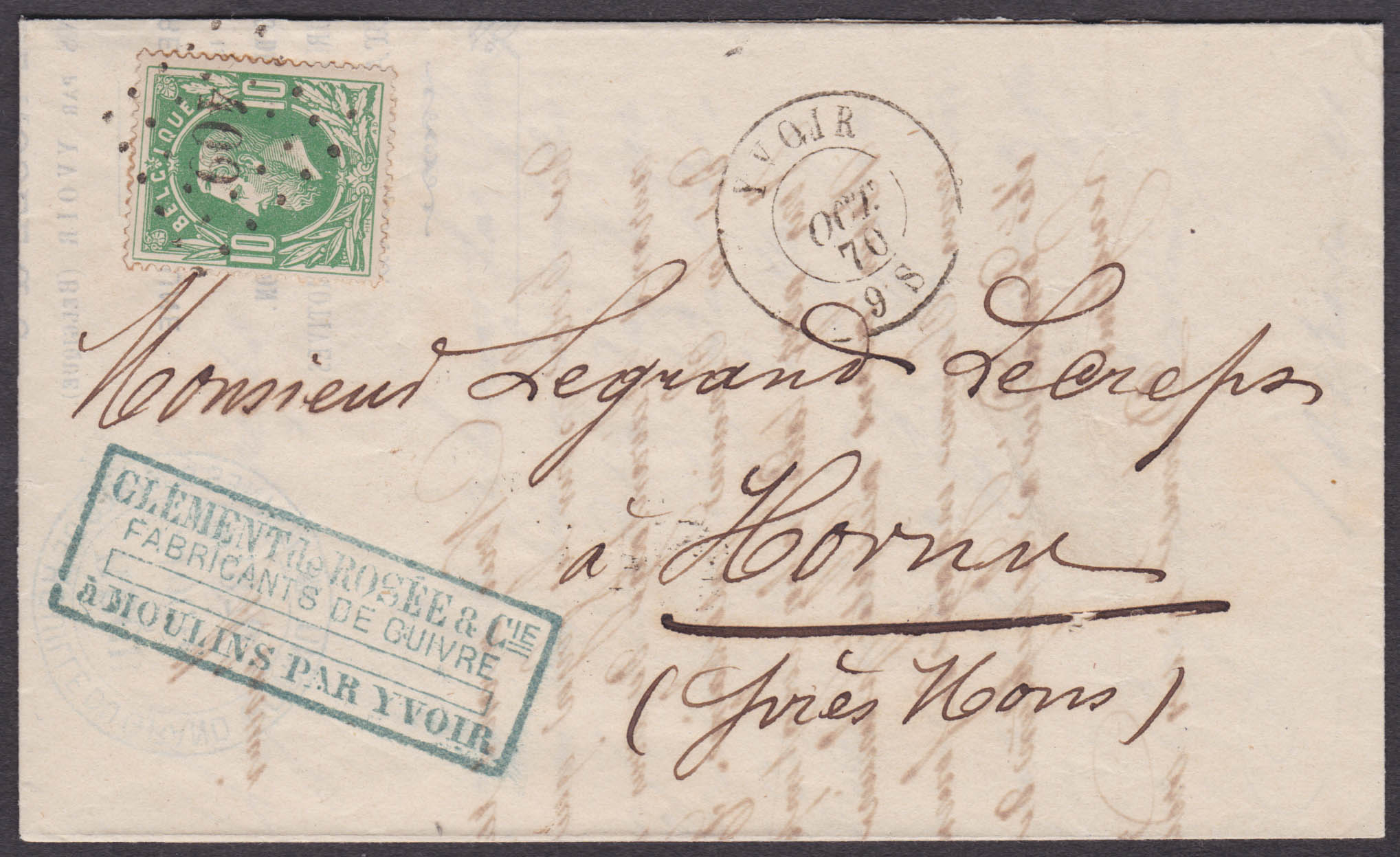 30 obl Lpts 409 + càd Yvoir, LAC datée de Moulins 29/10/1870 vers Hornu. Càd St Ghislain 30/10 au verso.
