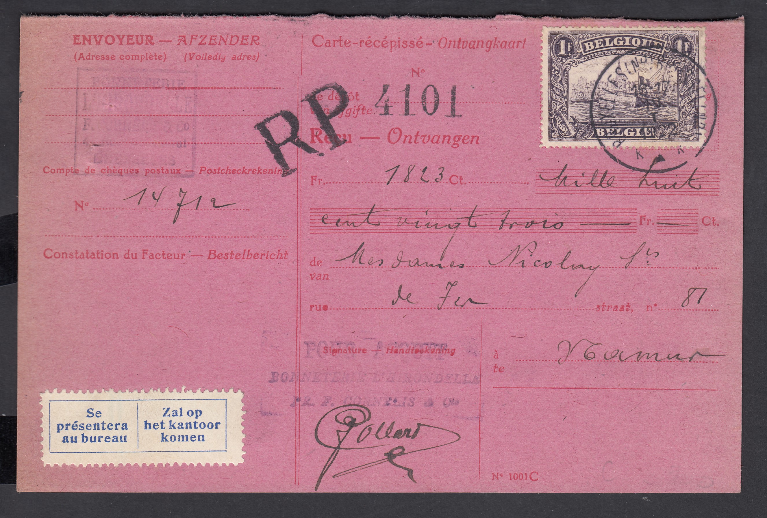 145 sur bulletin d'expédition de BXL le 19.I.1922 vers Namur. Etiquette bilingue « Se présentera au bureau ». To fiscal de 5F en bande de 4 au verso.