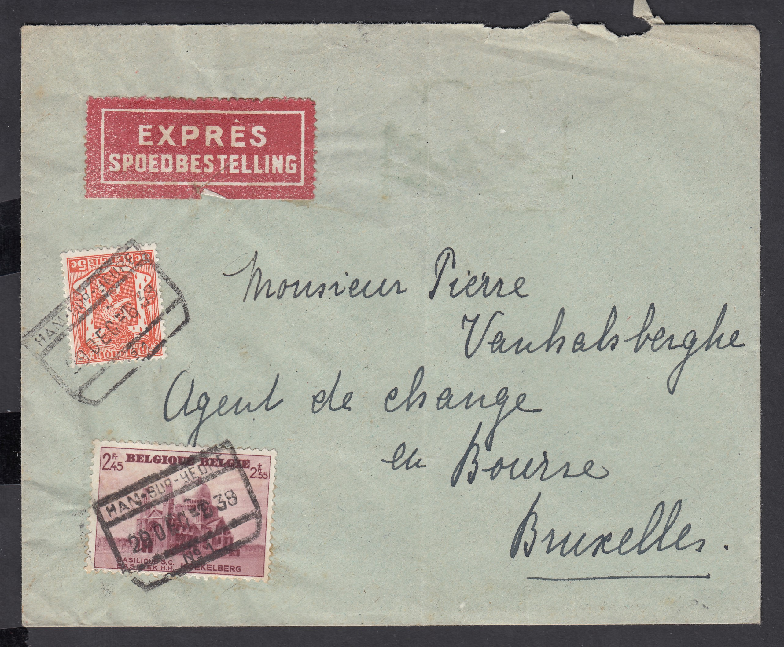 419 +477 sur lettre en exprès de Ham-sur-Heure ( Cachet rectangulaire des C.F.) le 29 DECE 1938 vers BXL