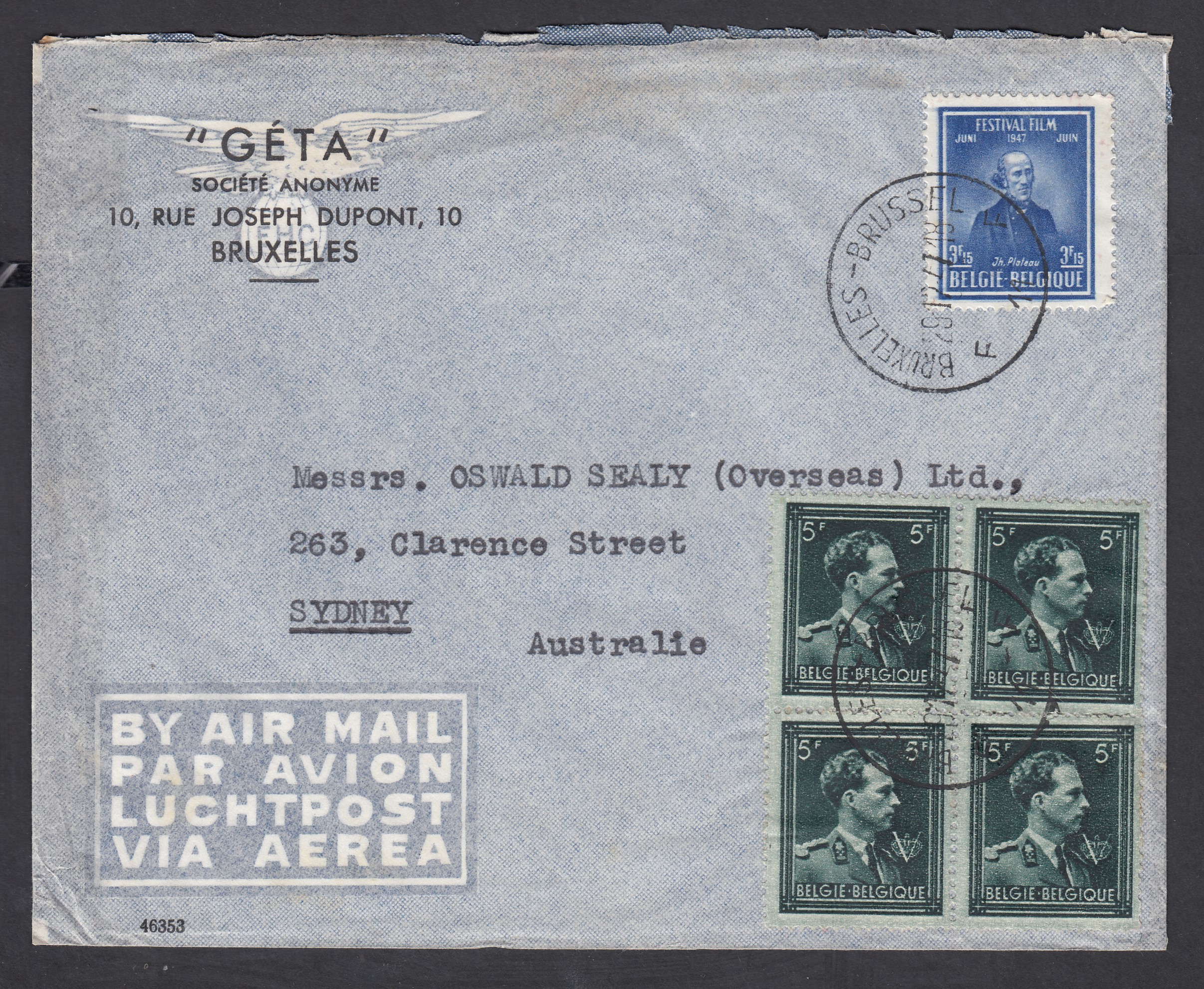 696 en bloc de 4 +748 sur lettre par avion de BXL le 29.12.1947 vers Sydney